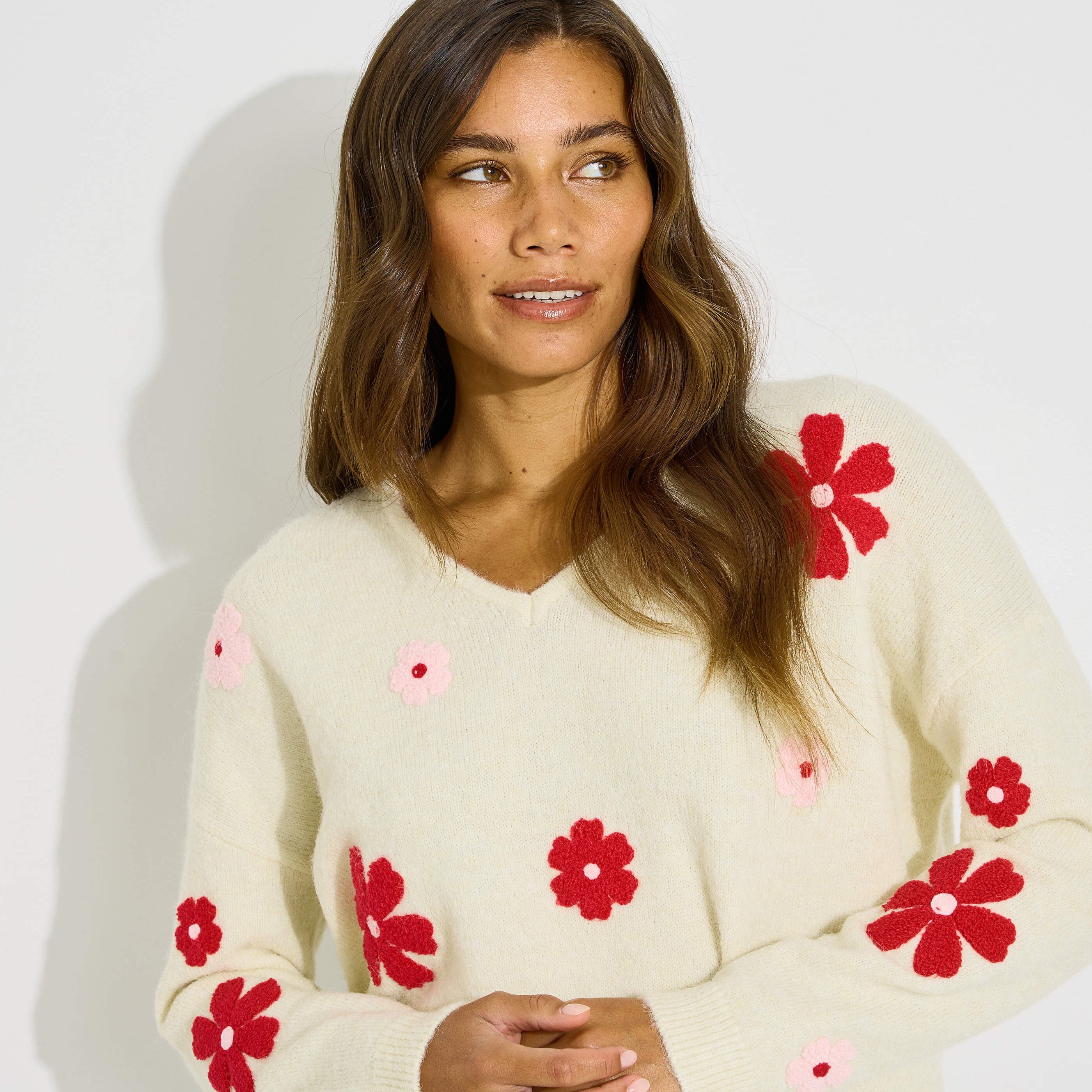 Pull col v broderie fleurs femme