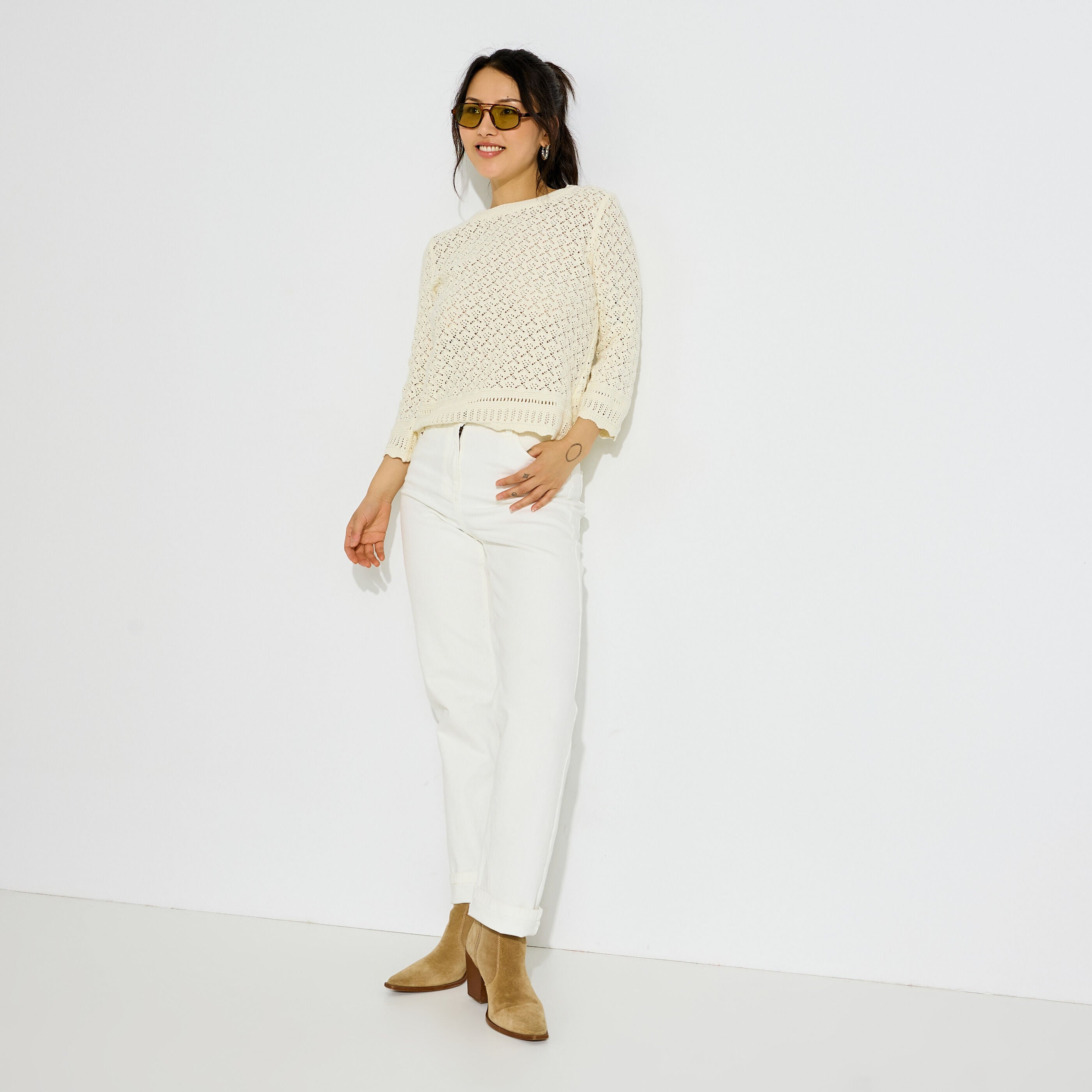 Pull col rond ajour&eacute; femme