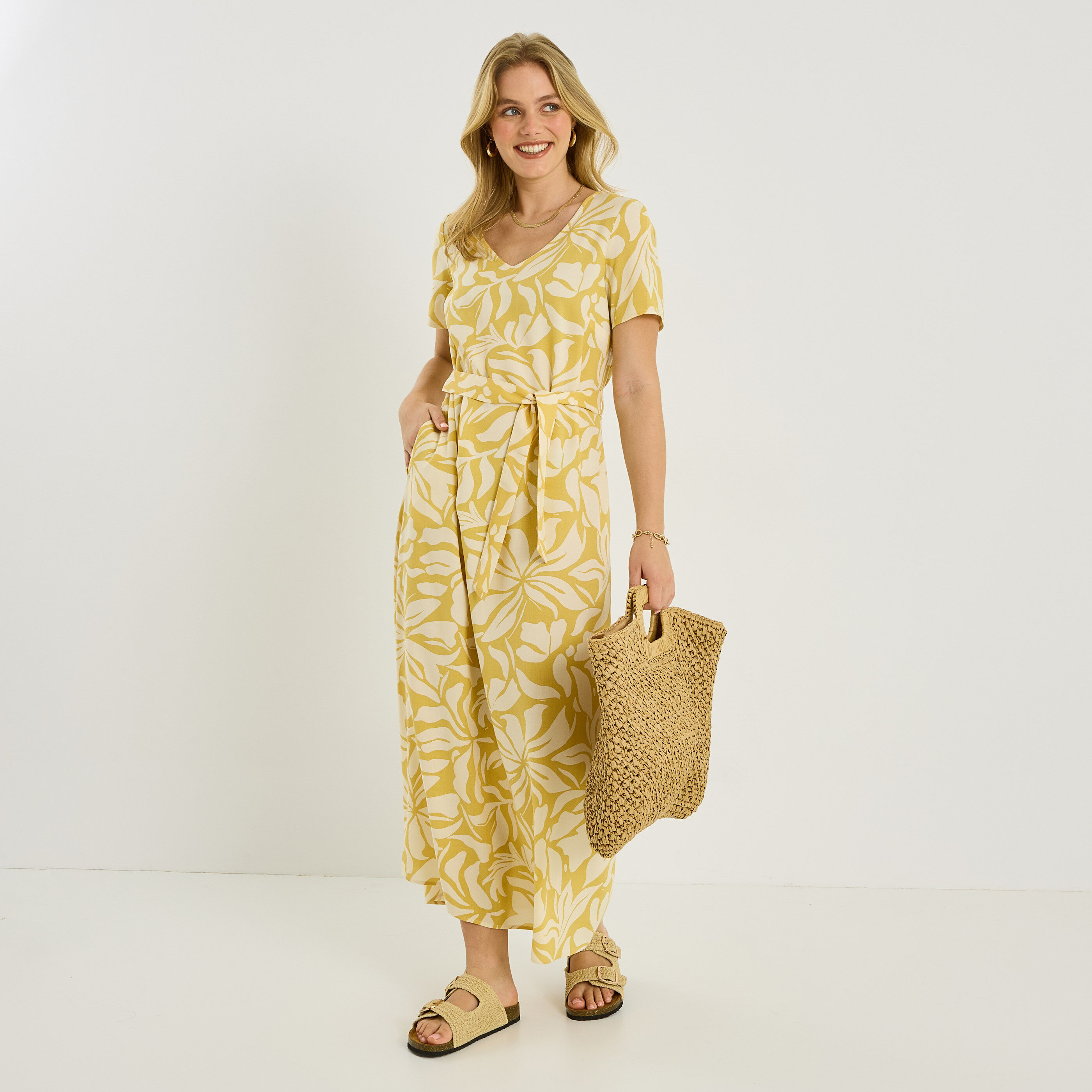 Robe longue imprim&eacute;e ceinture &agrave; nouer