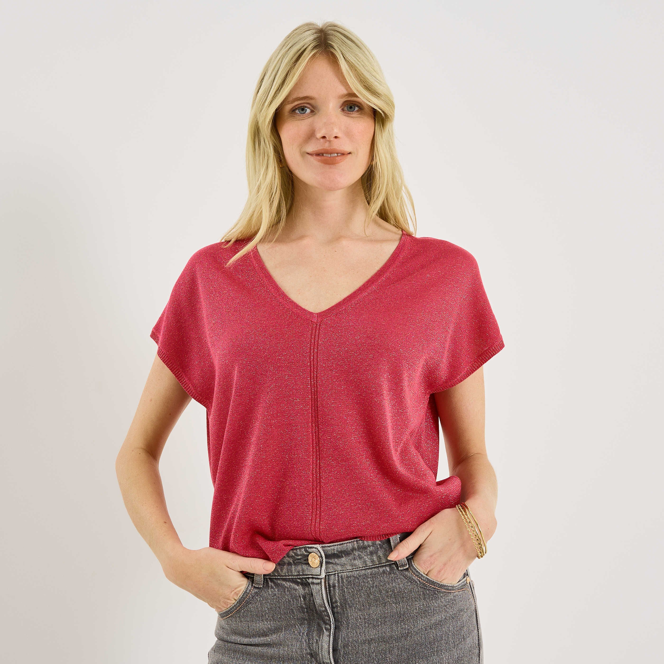 Pull brillant &agrave; manches courtes femme