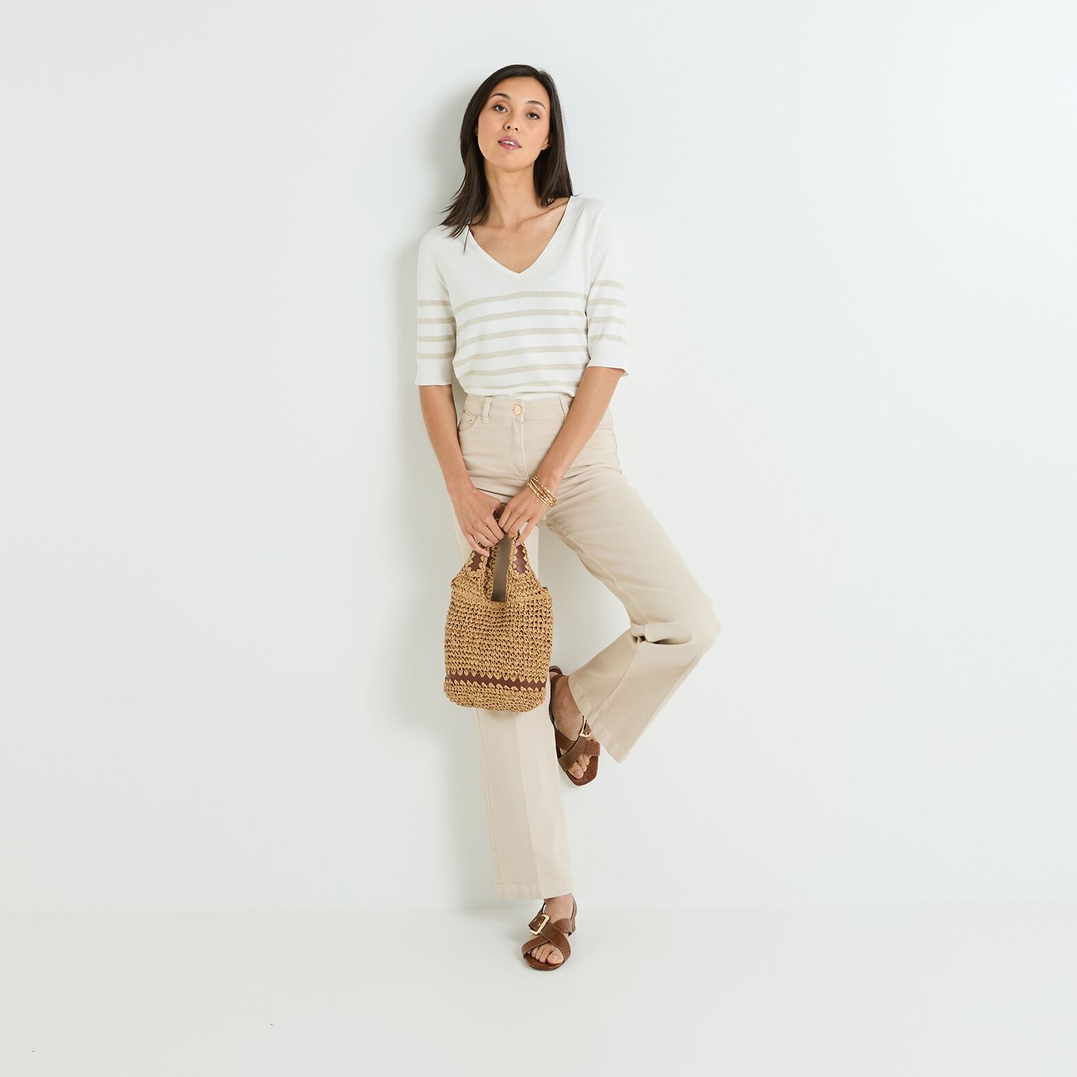 Pull à rayures col V femme