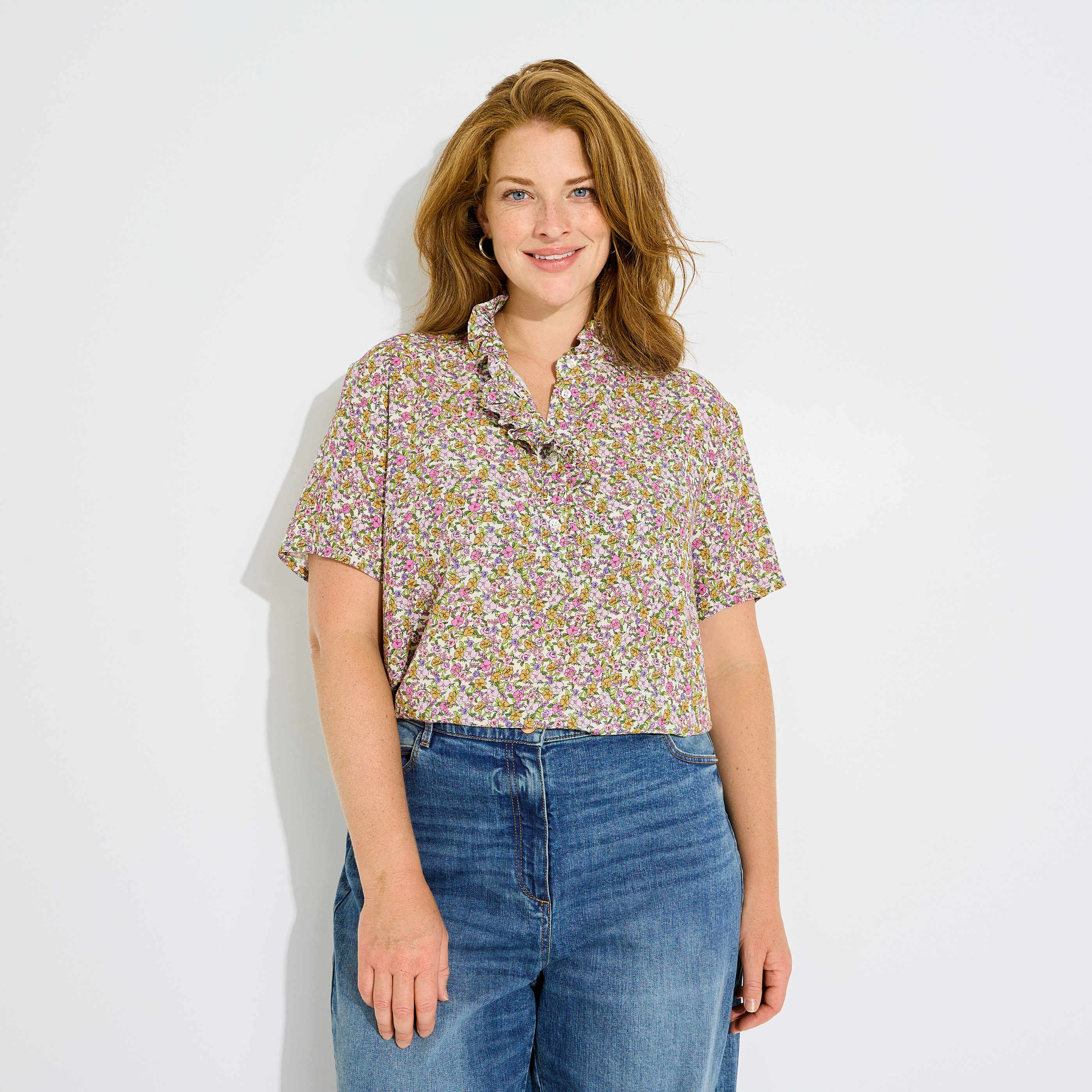 Blouse imprim&eacute; floral col volant&eacute; femme