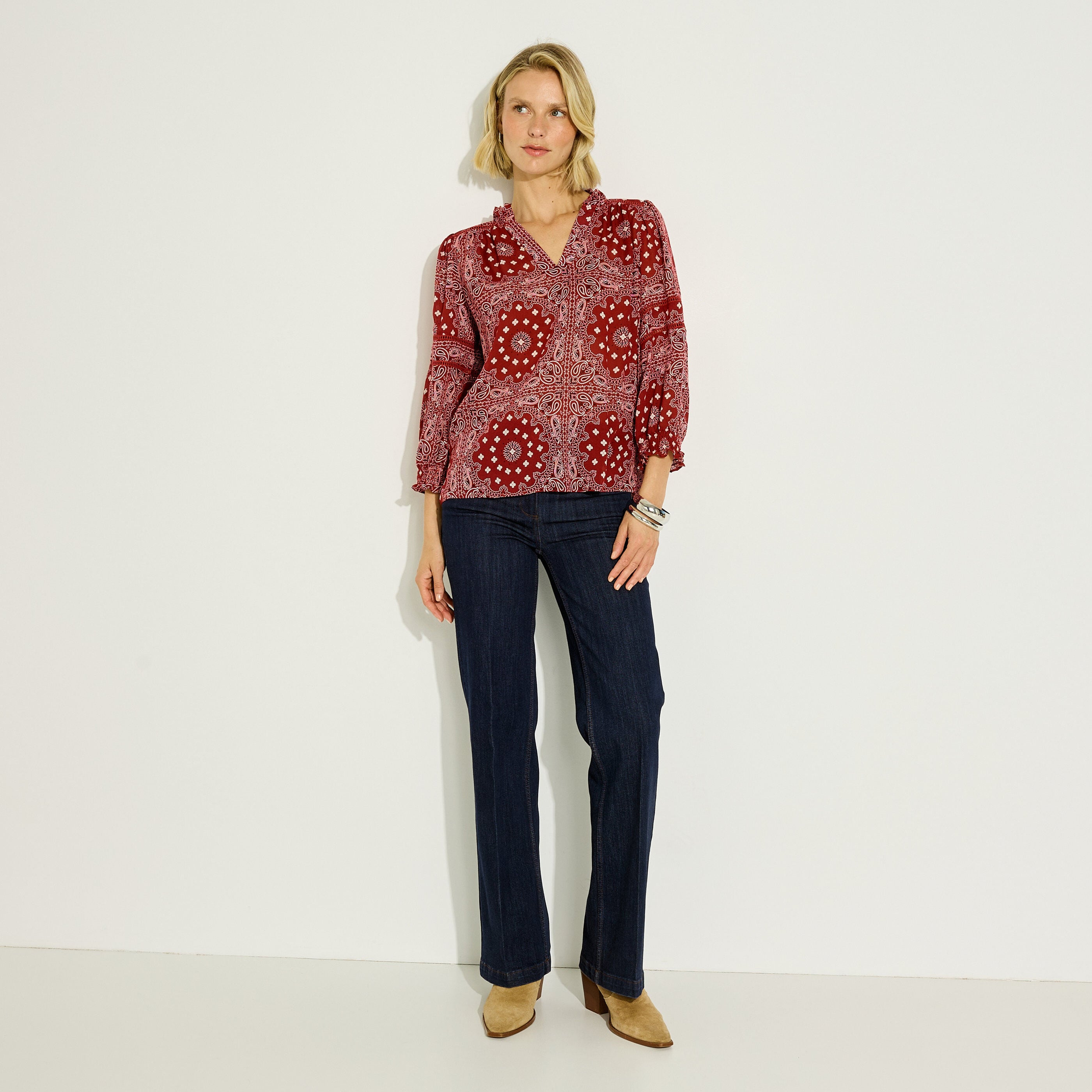 Blouse imprim&eacute; boh&egrave;me col V femme