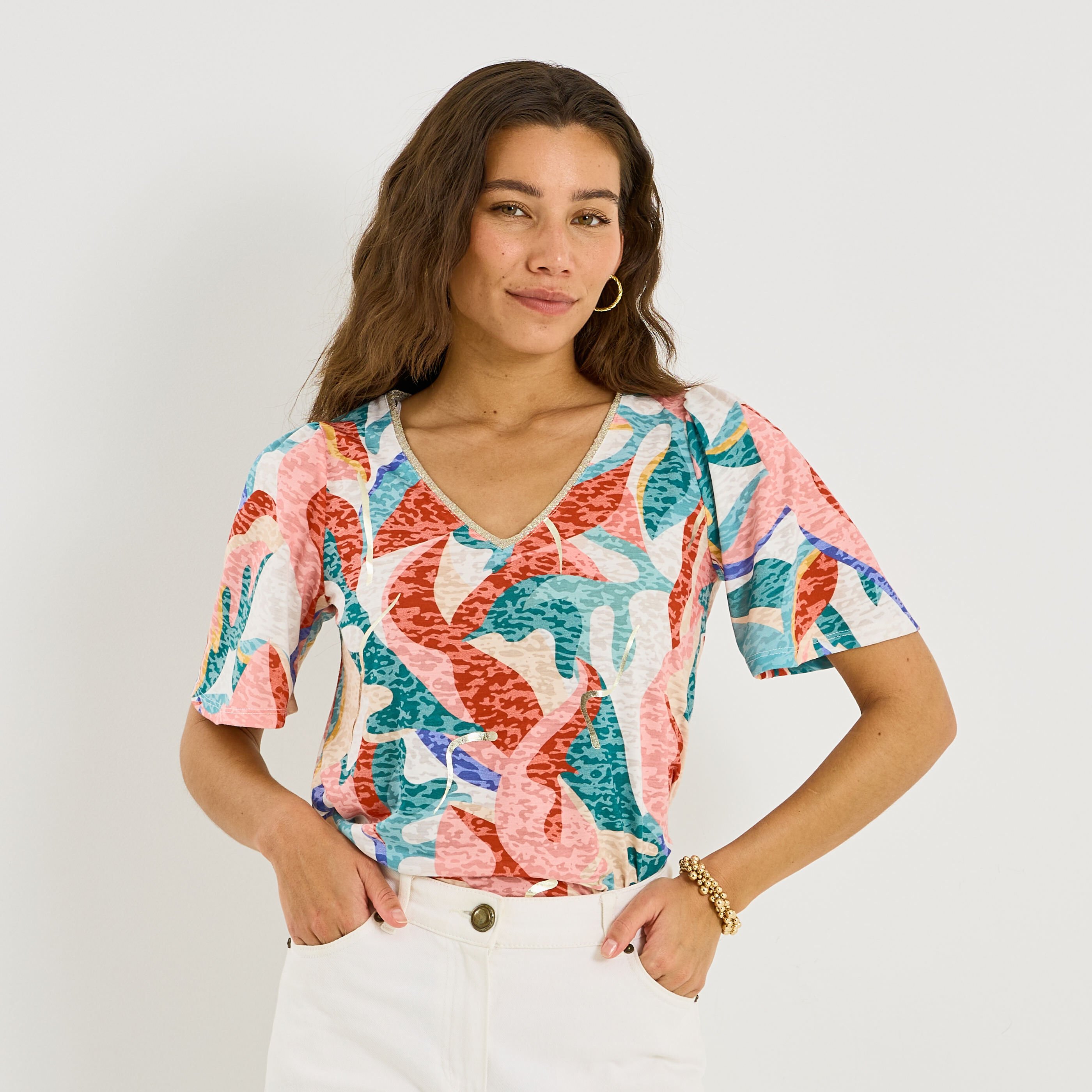 T-shirt imprim&eacute; manches volant&eacute;es femme