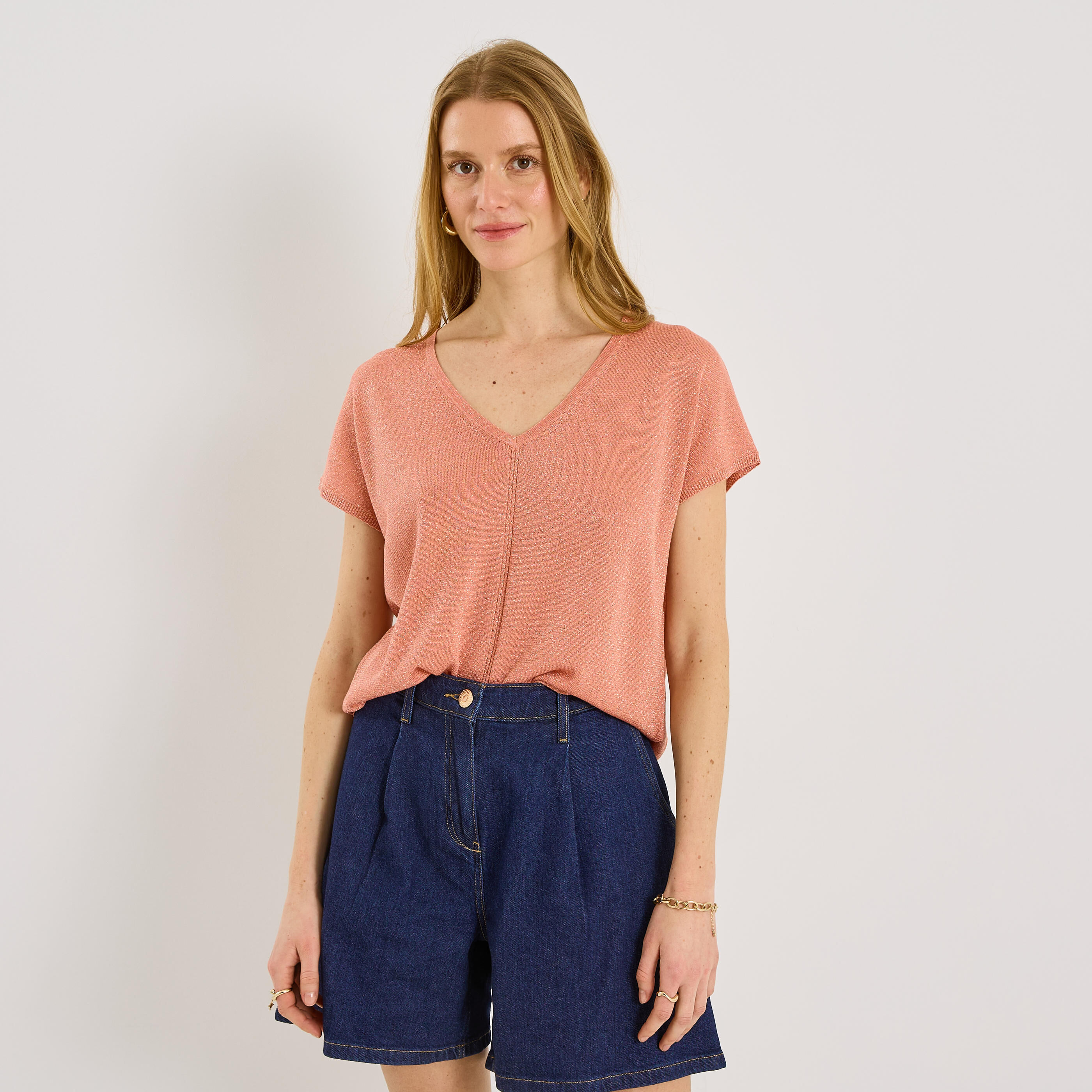 Pull brillant manches courtes femme