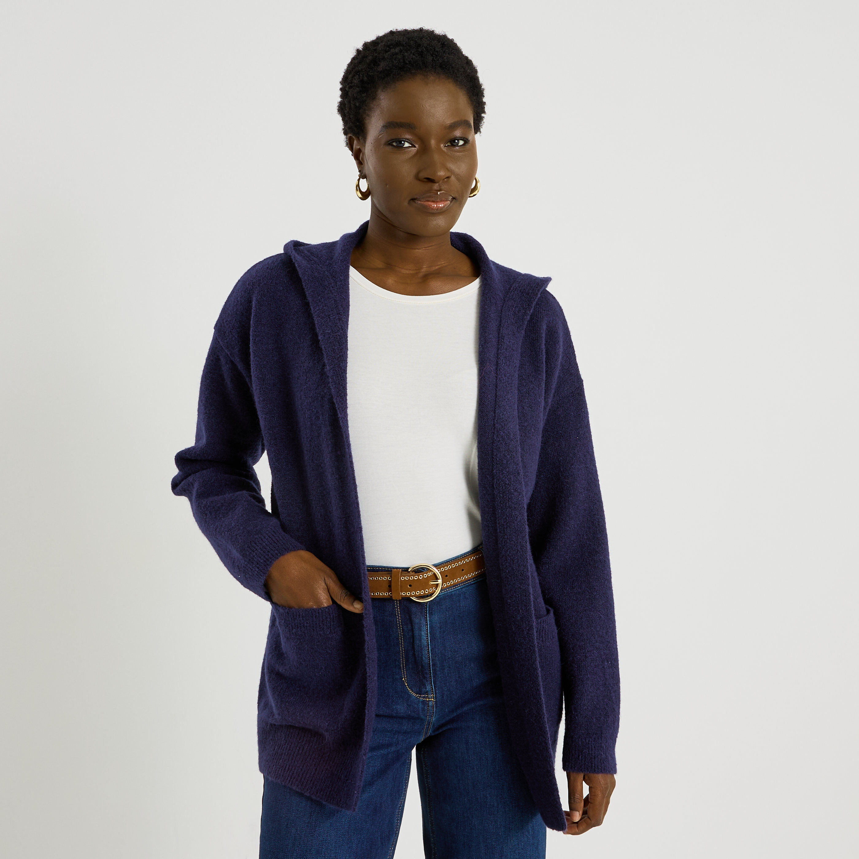 Gilet mi-long &agrave; capuche femme