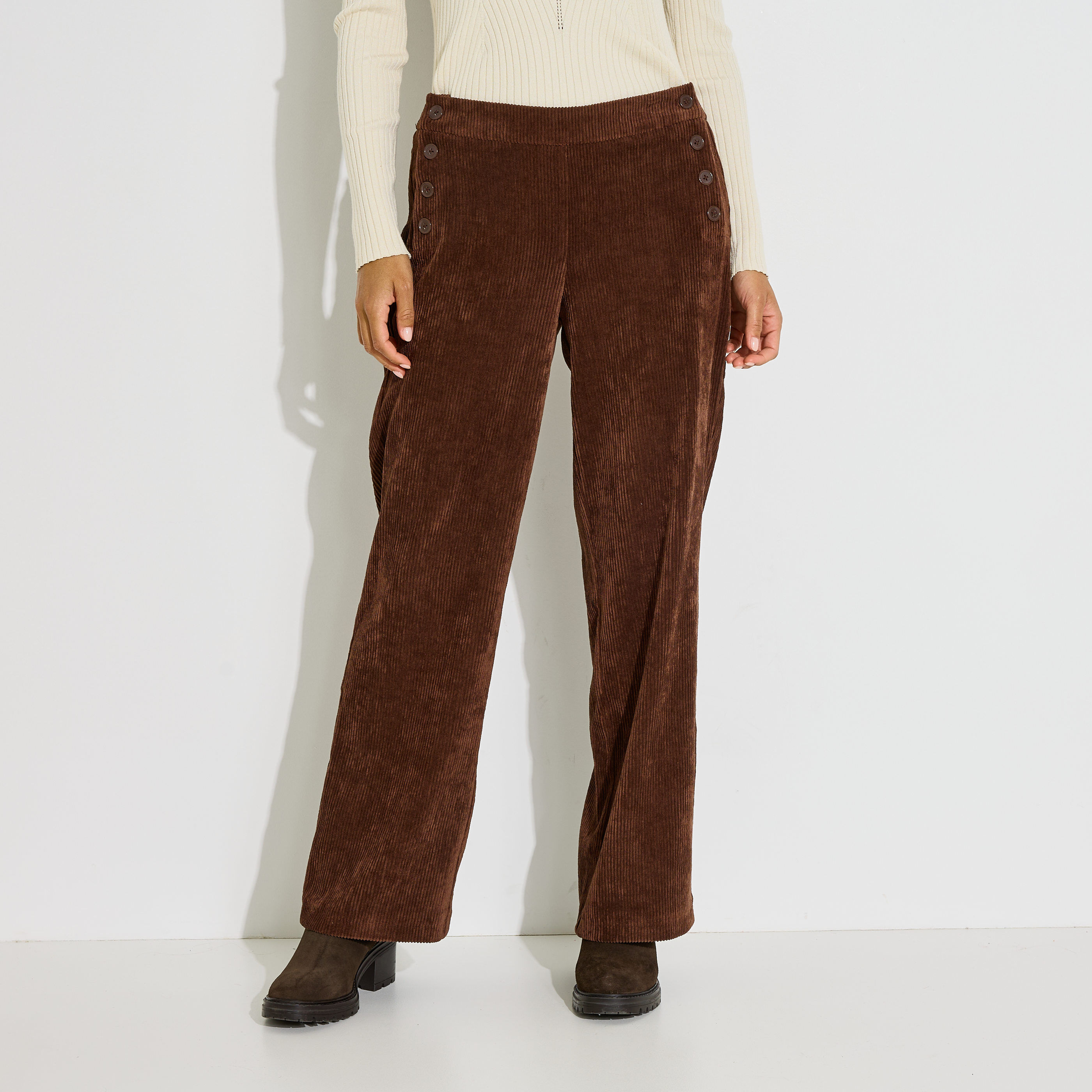 Pantalon droit &agrave; pont en velours femme