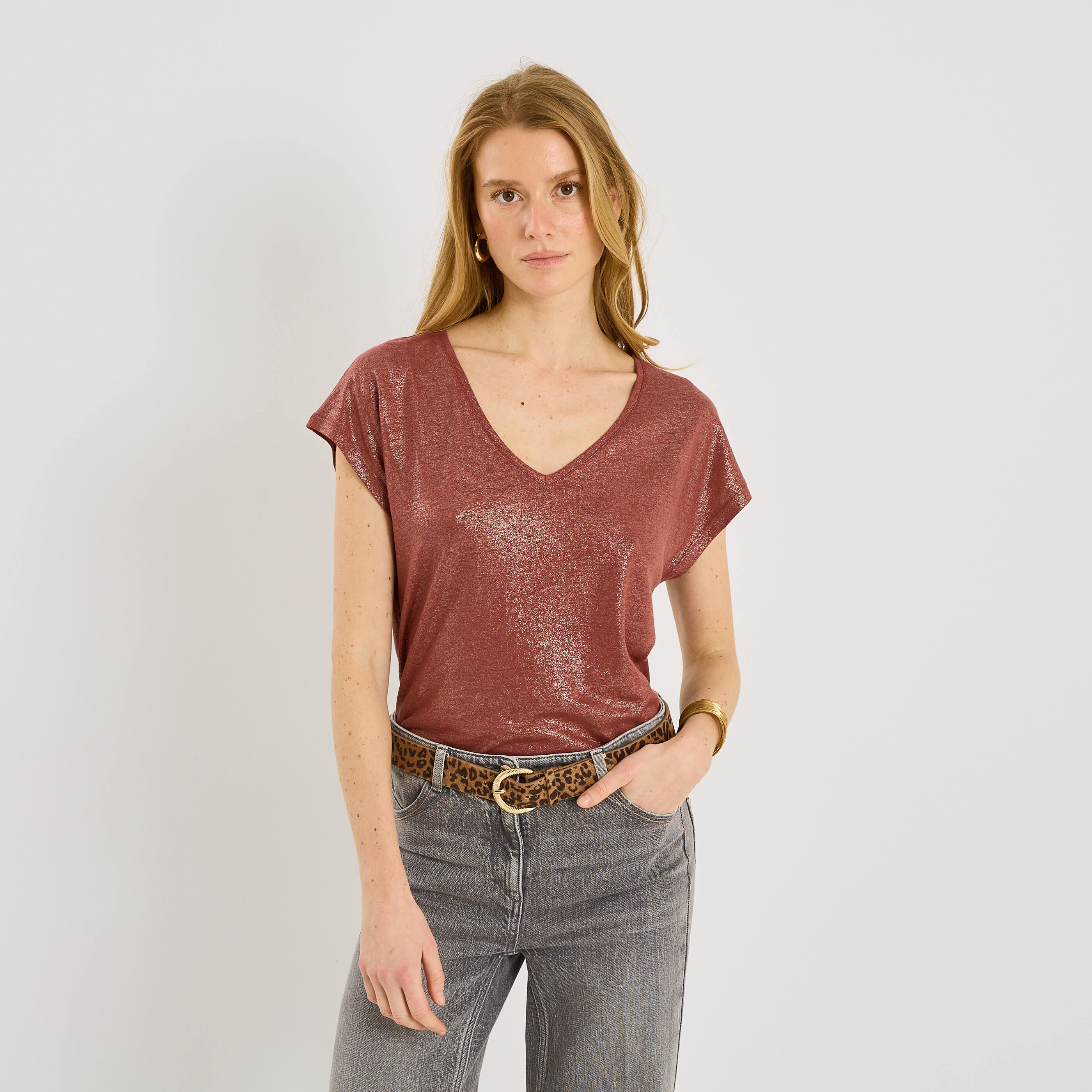 T-shirt en lin m&eacute;lang&eacute; brillant femme