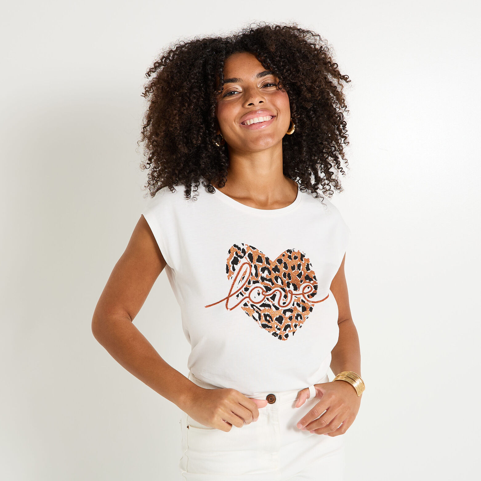 T shirt print coeur léopard femme