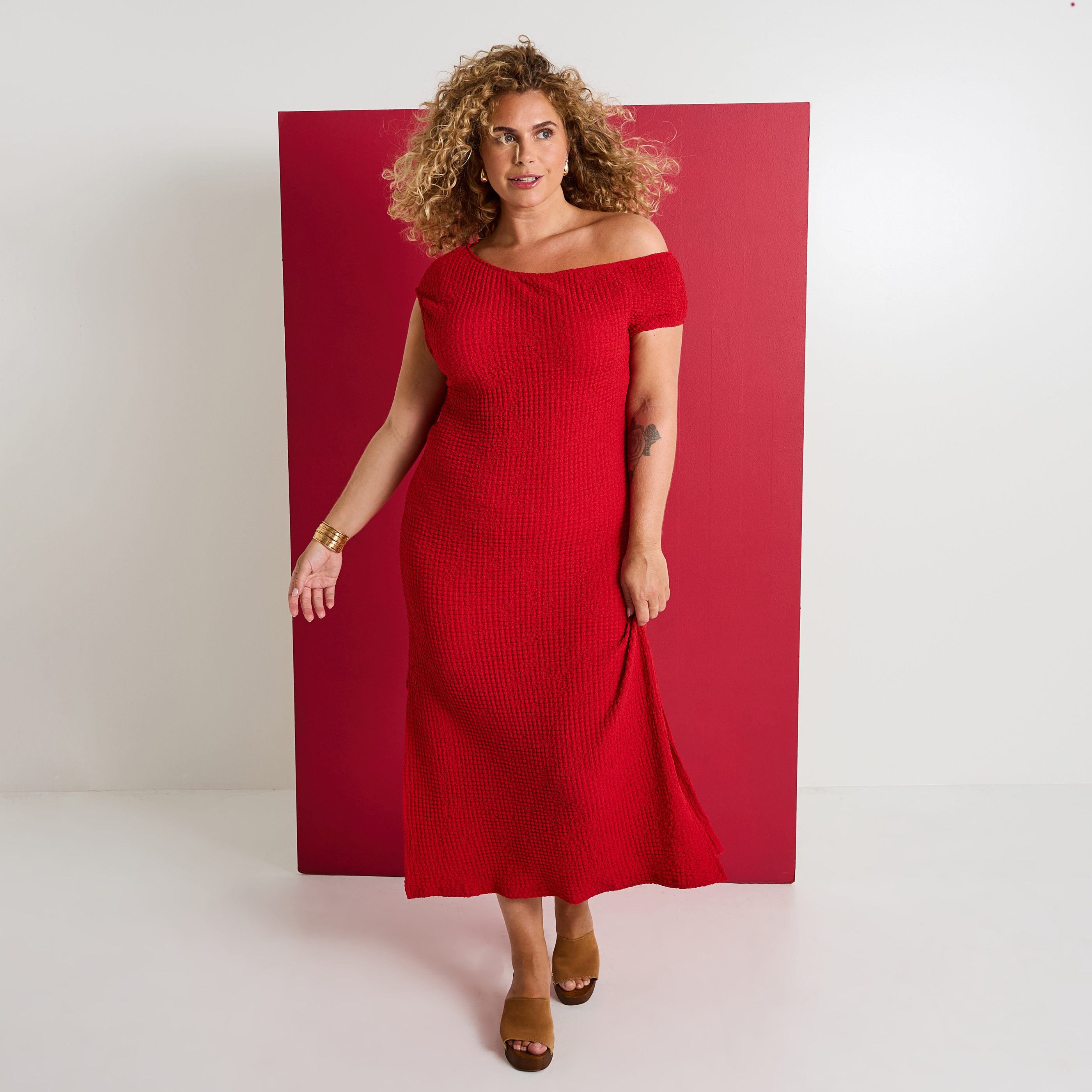 Robe longue en maille gaufr&eacute;e