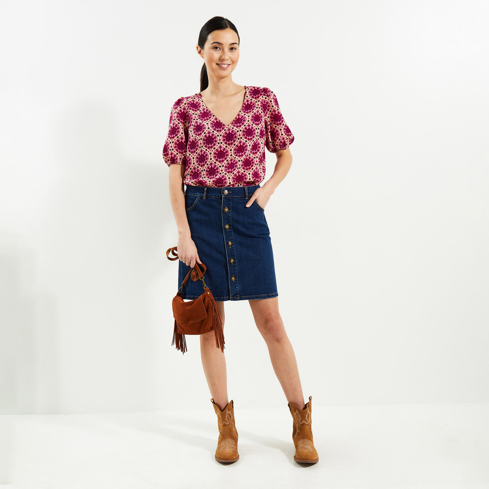 Jupe denim boutonnée femme