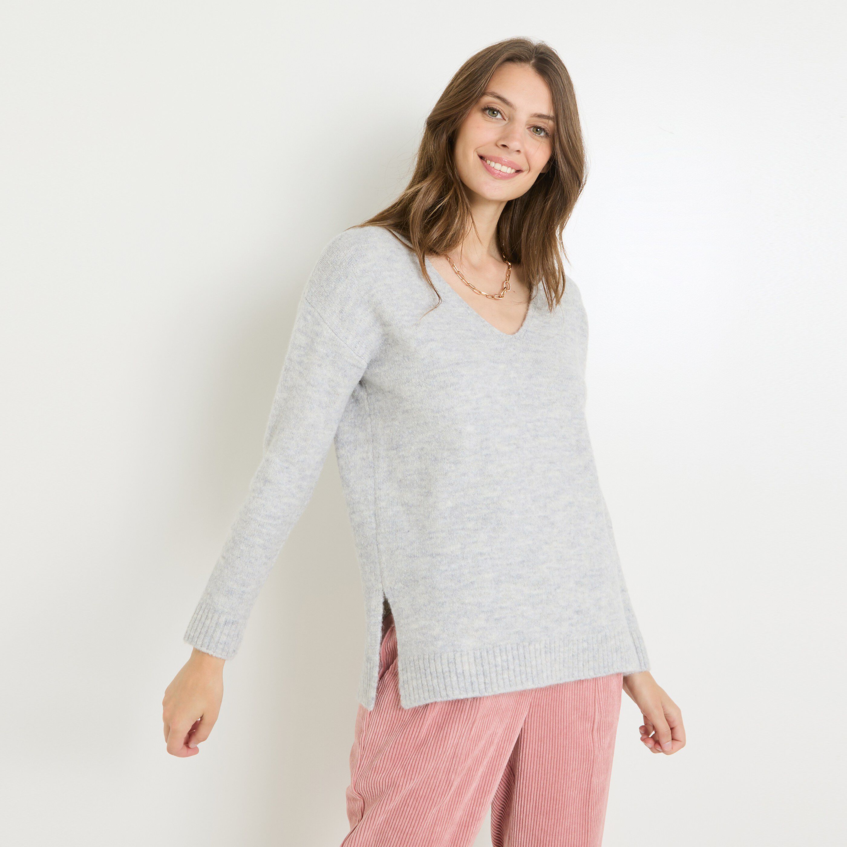 Pull col V femme