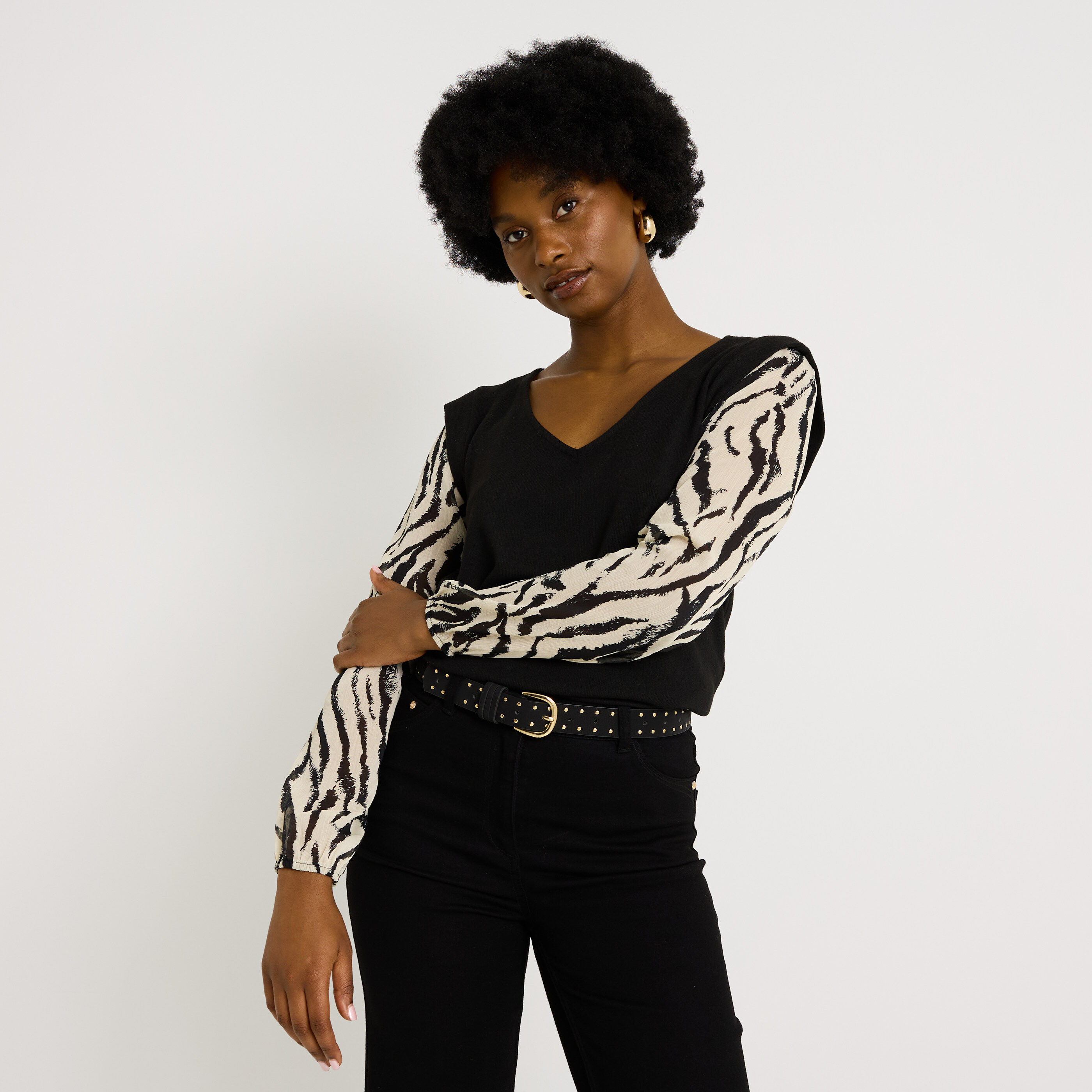 T-shirt bi-mati&egrave;re col V femme