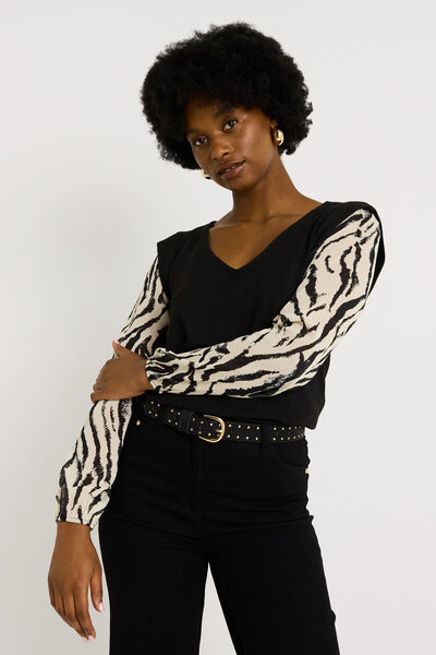 T-shirt bi-matière col V femme