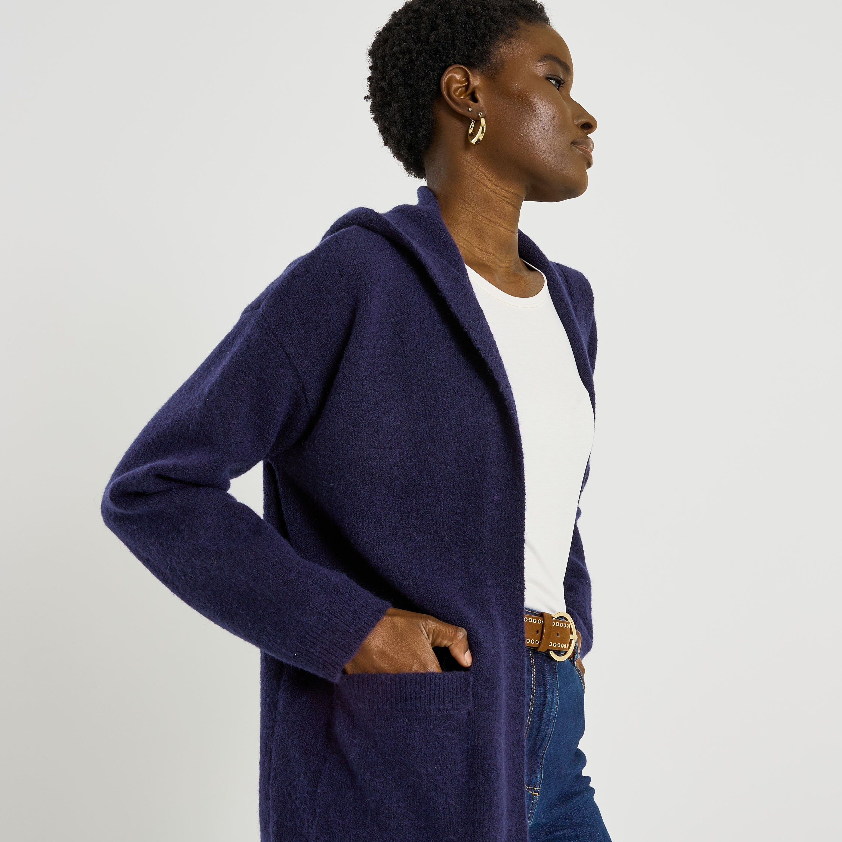 Gilet mi-long &agrave; capuche femme