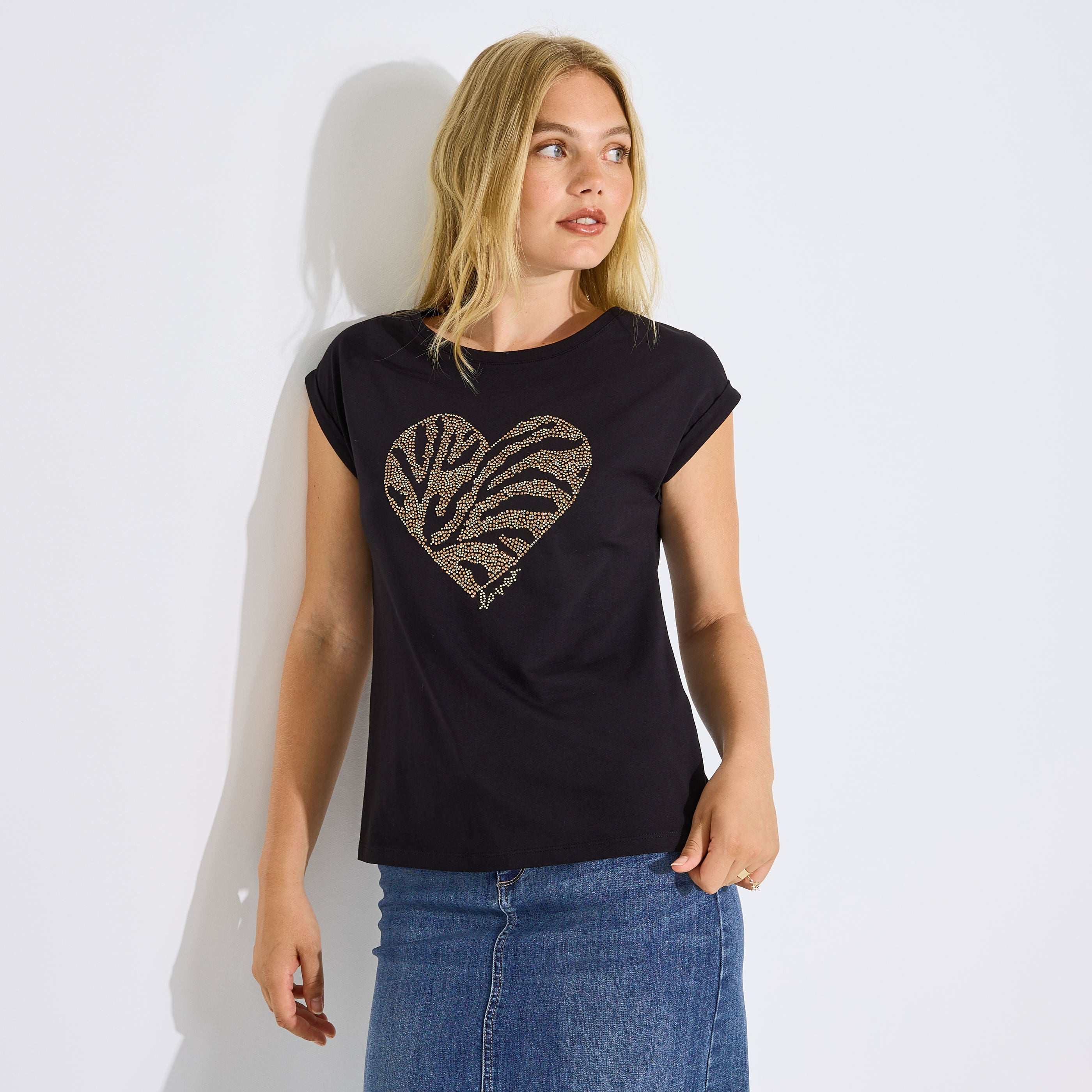 T-shirt motif c&oelig;ur strass femme