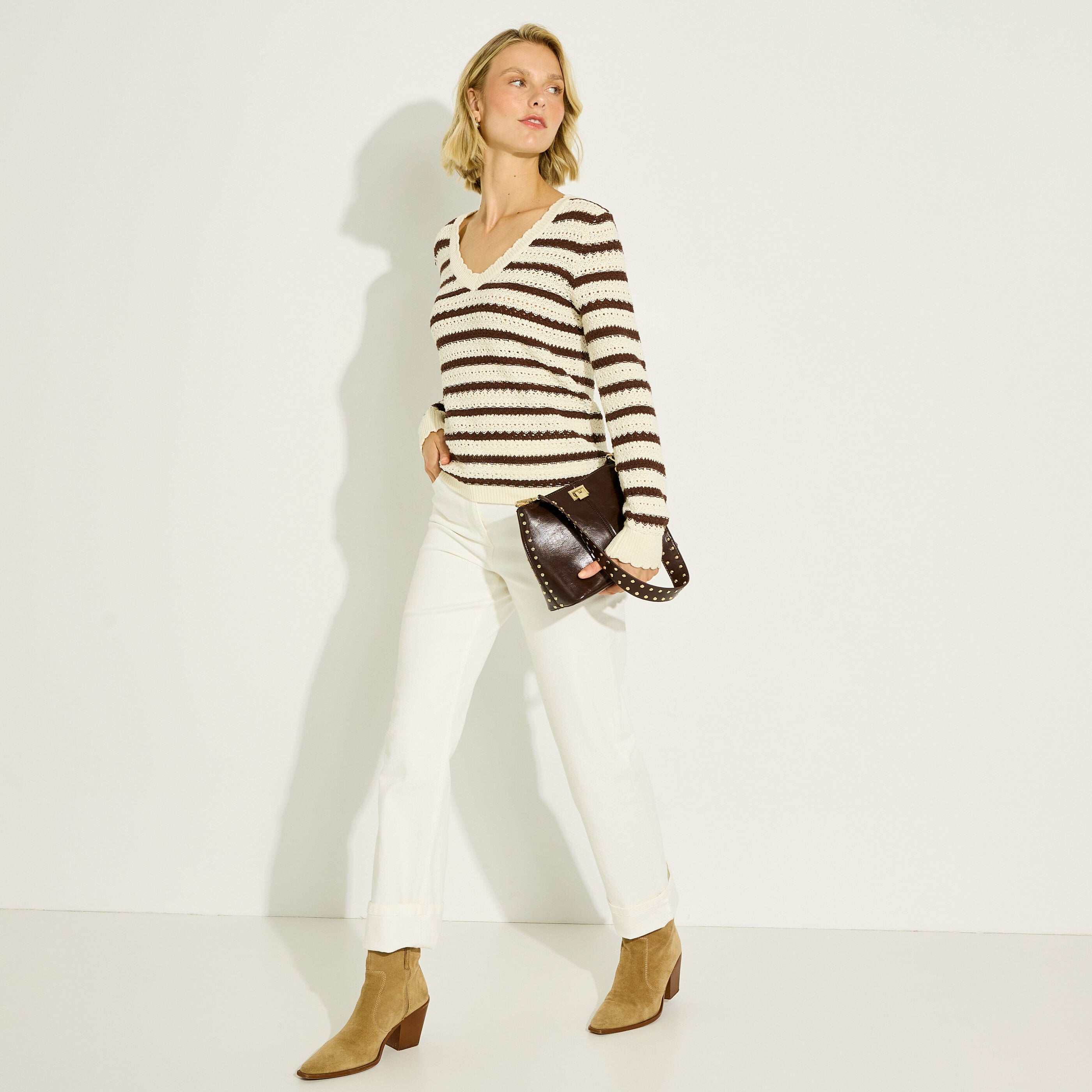 Pull ray&eacute; en maille ajour&eacute;e femme