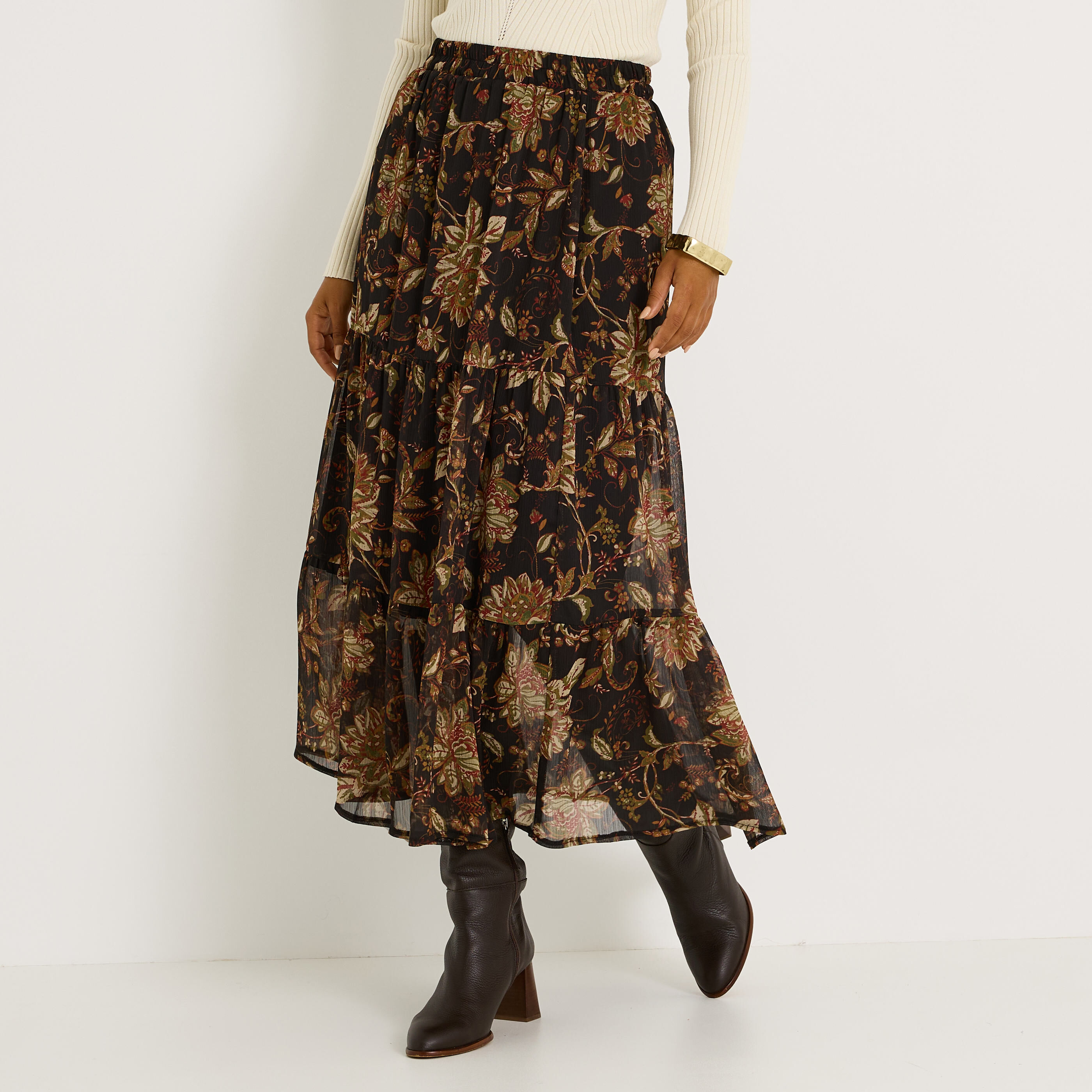 Jupe longue imprim&eacute;e en voile 