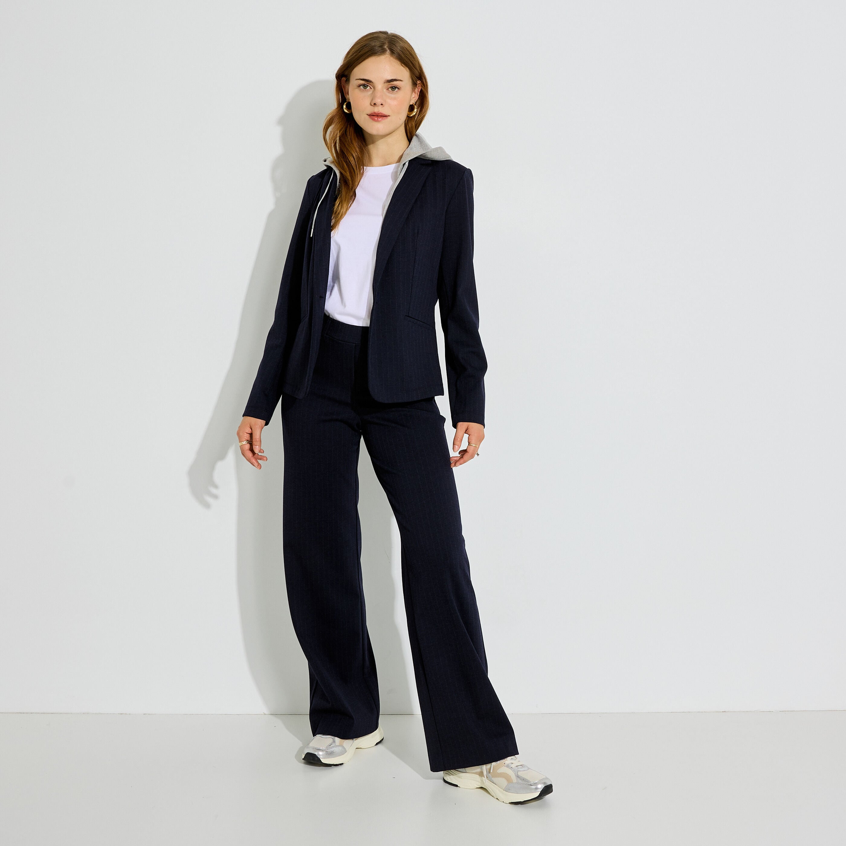 Veste blazer maille ray&eacute; &agrave; capuche femme