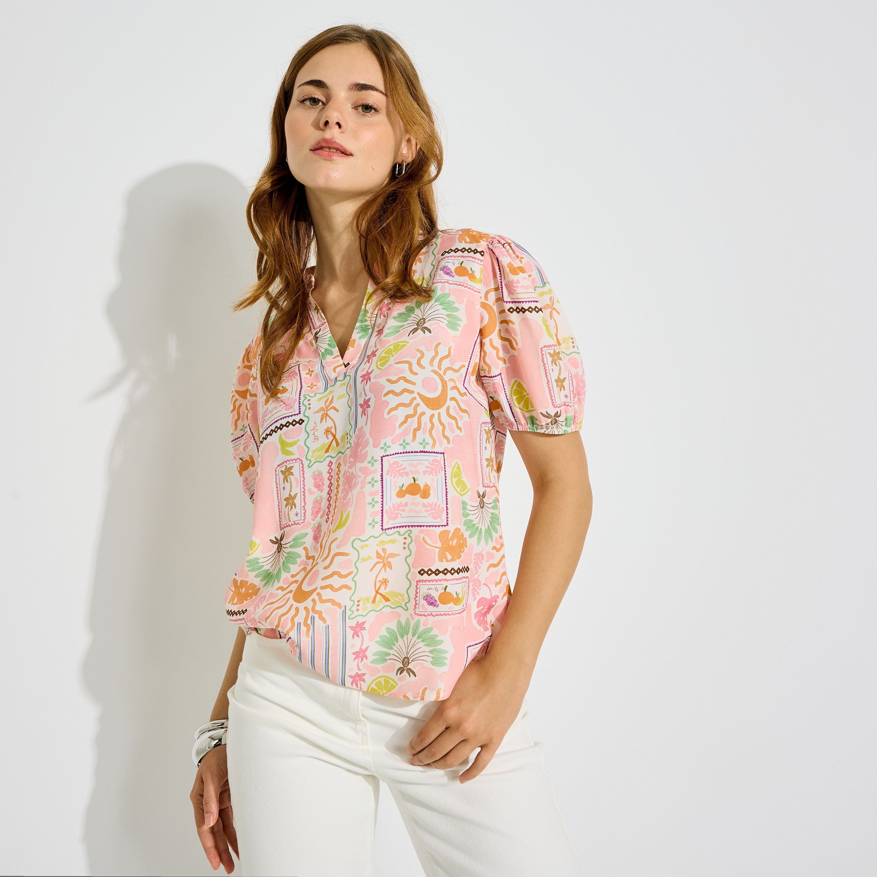 Blouse manches courtes imprim&eacute;e femme 