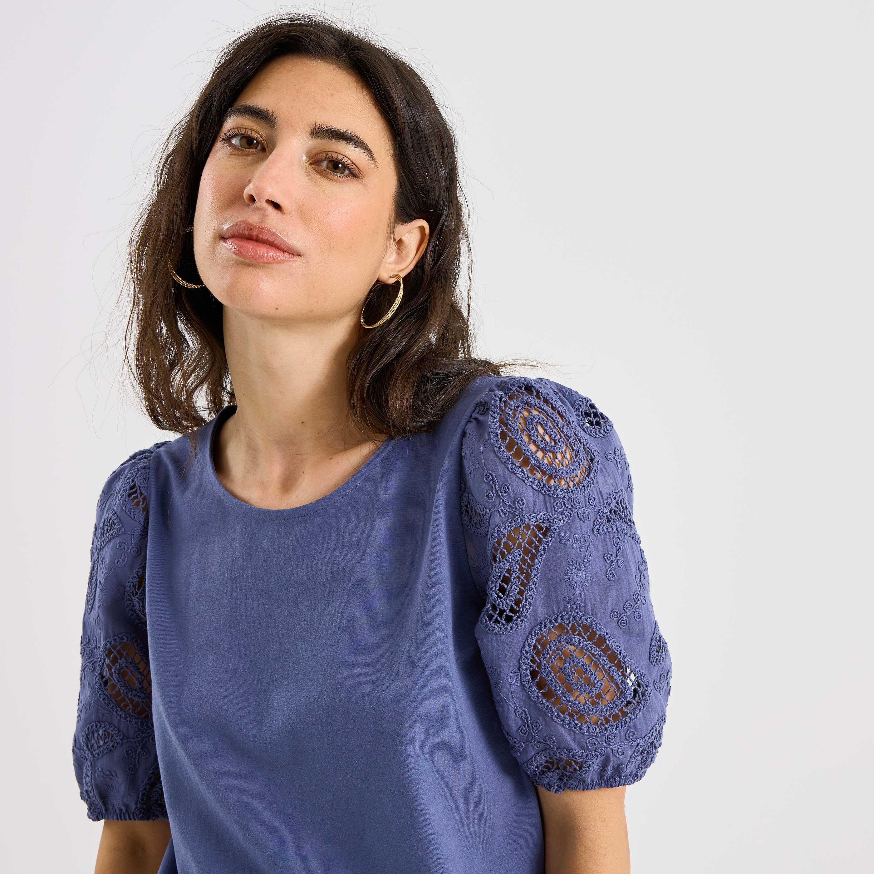 T-shirt manches broderie anglaise femme