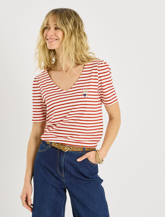 T-shirt ray&eacute; col V avec broderie femme