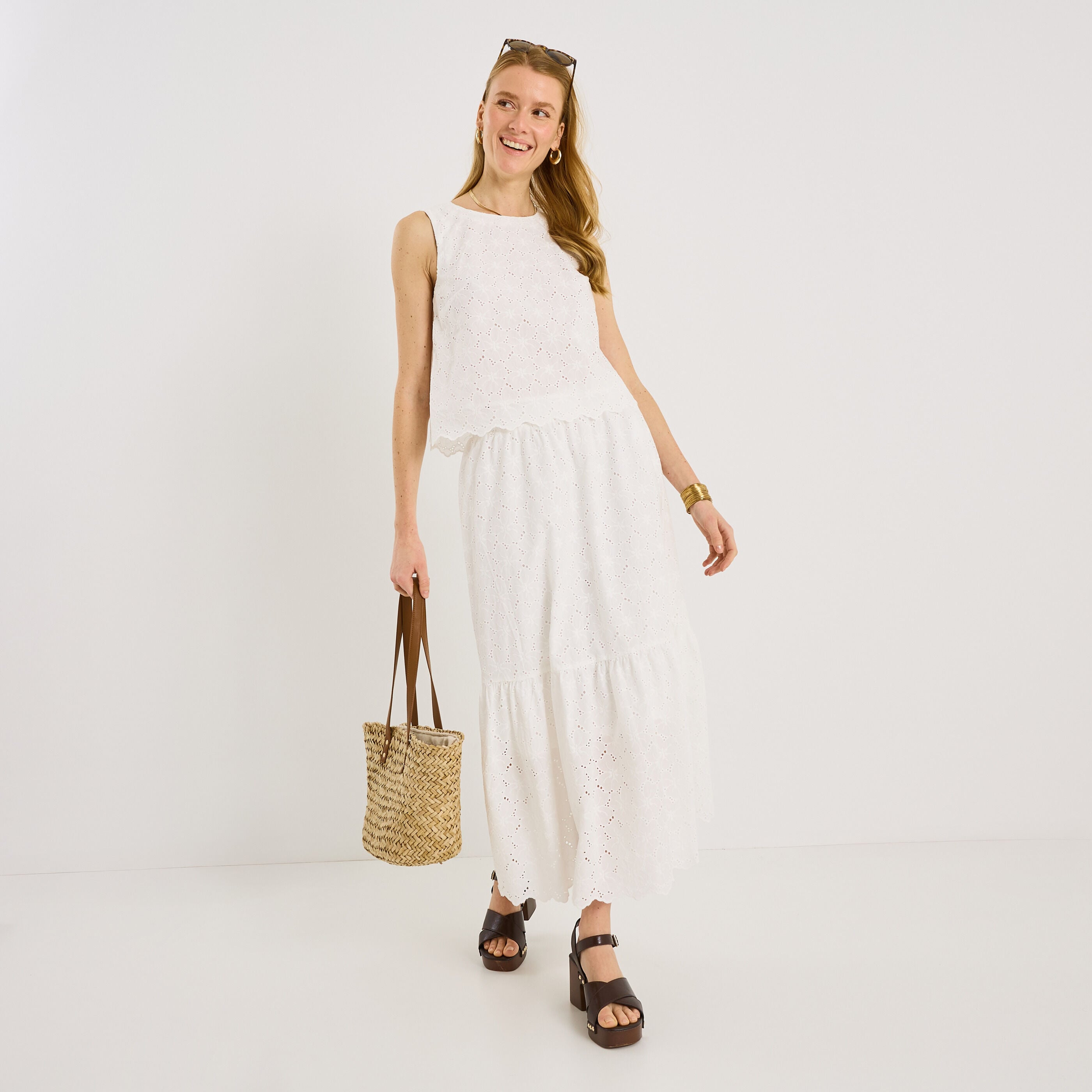 Jupe longue &eacute;vas&eacute;e broderie anglaise