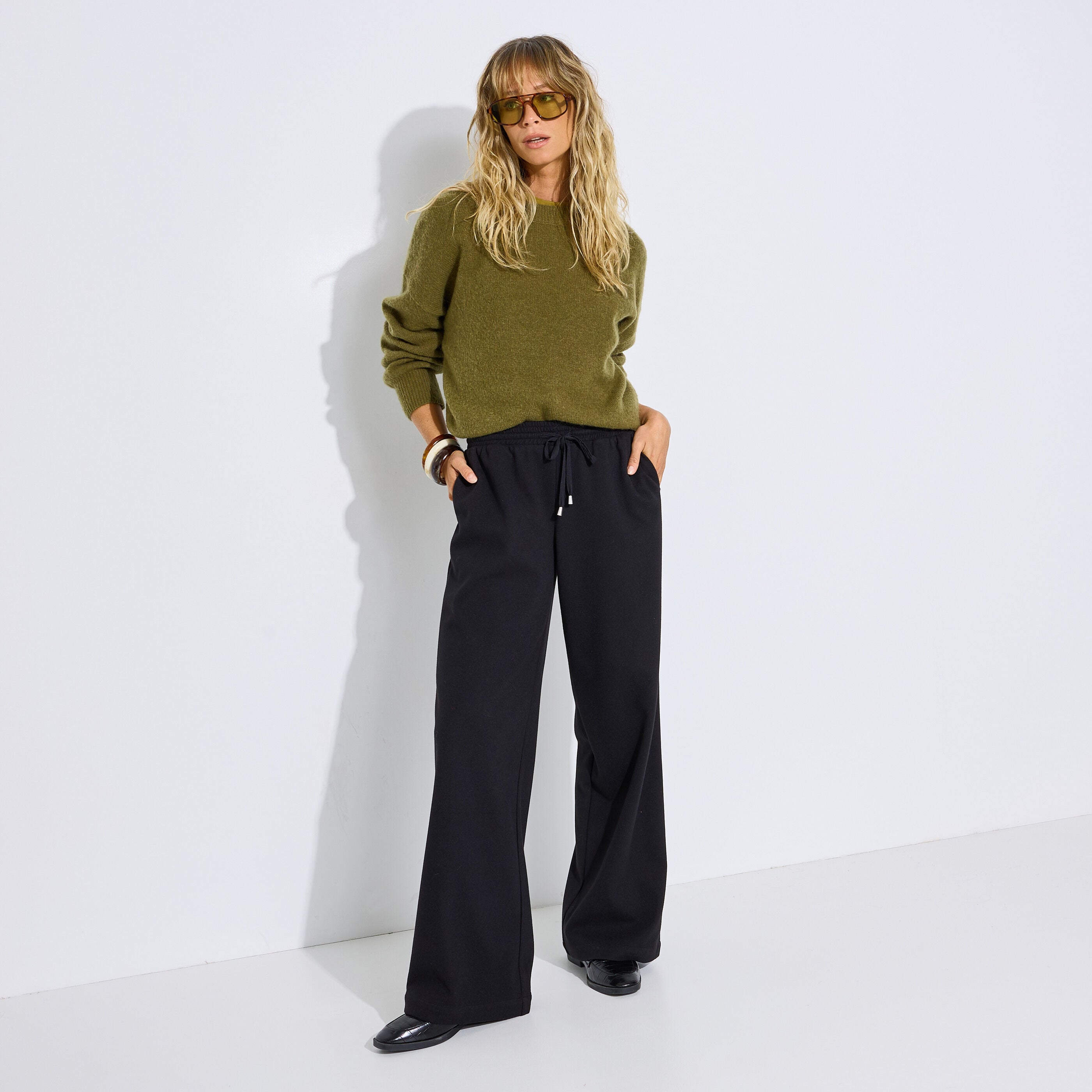 Pantalon droit ample chaud maille femme