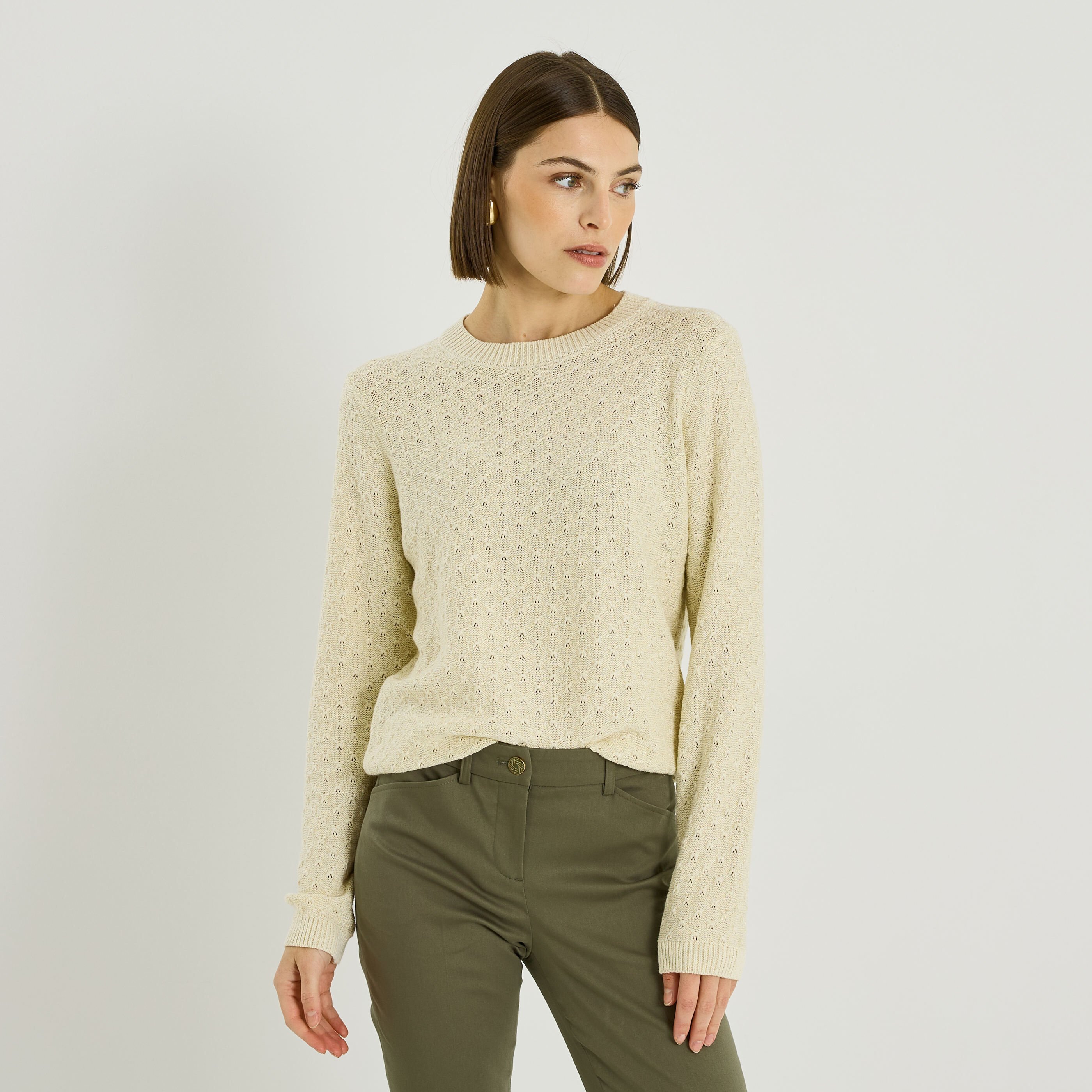 Pull maille en relief &agrave; col rond femme