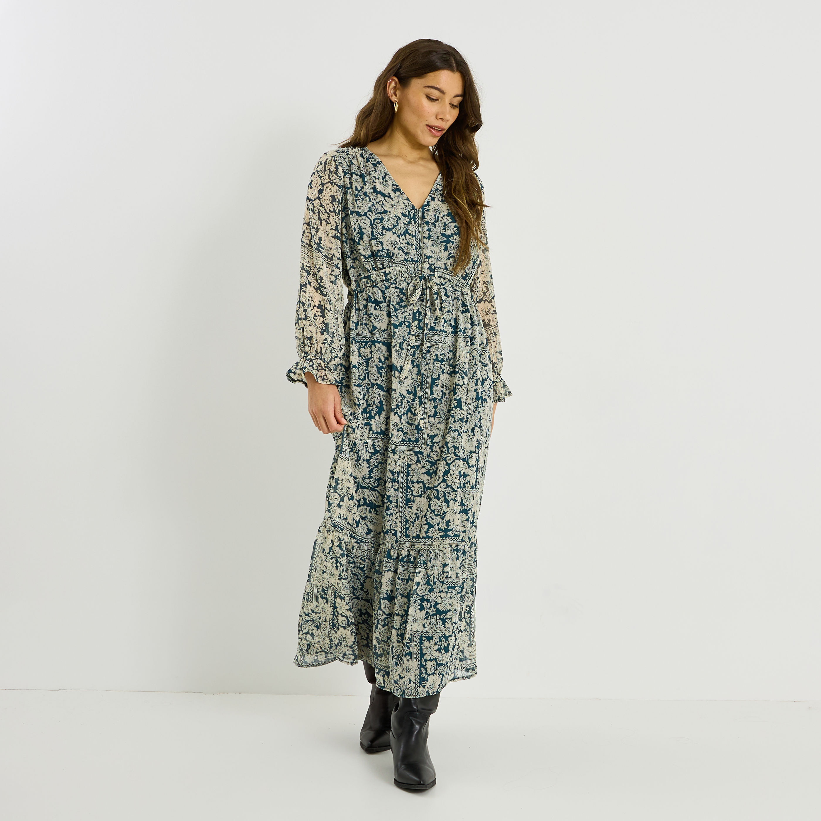 Robe longue habill&eacute;e &agrave; imprim&eacute; fleuri 