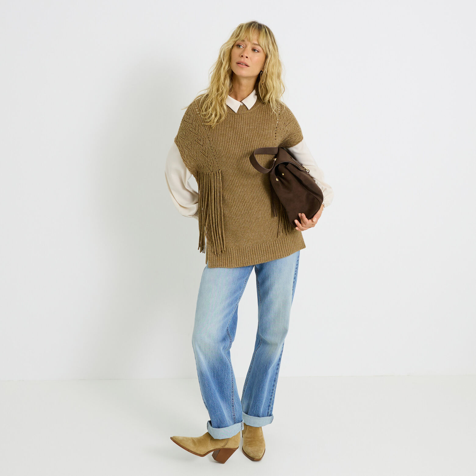 Pull sans manches à franges femme