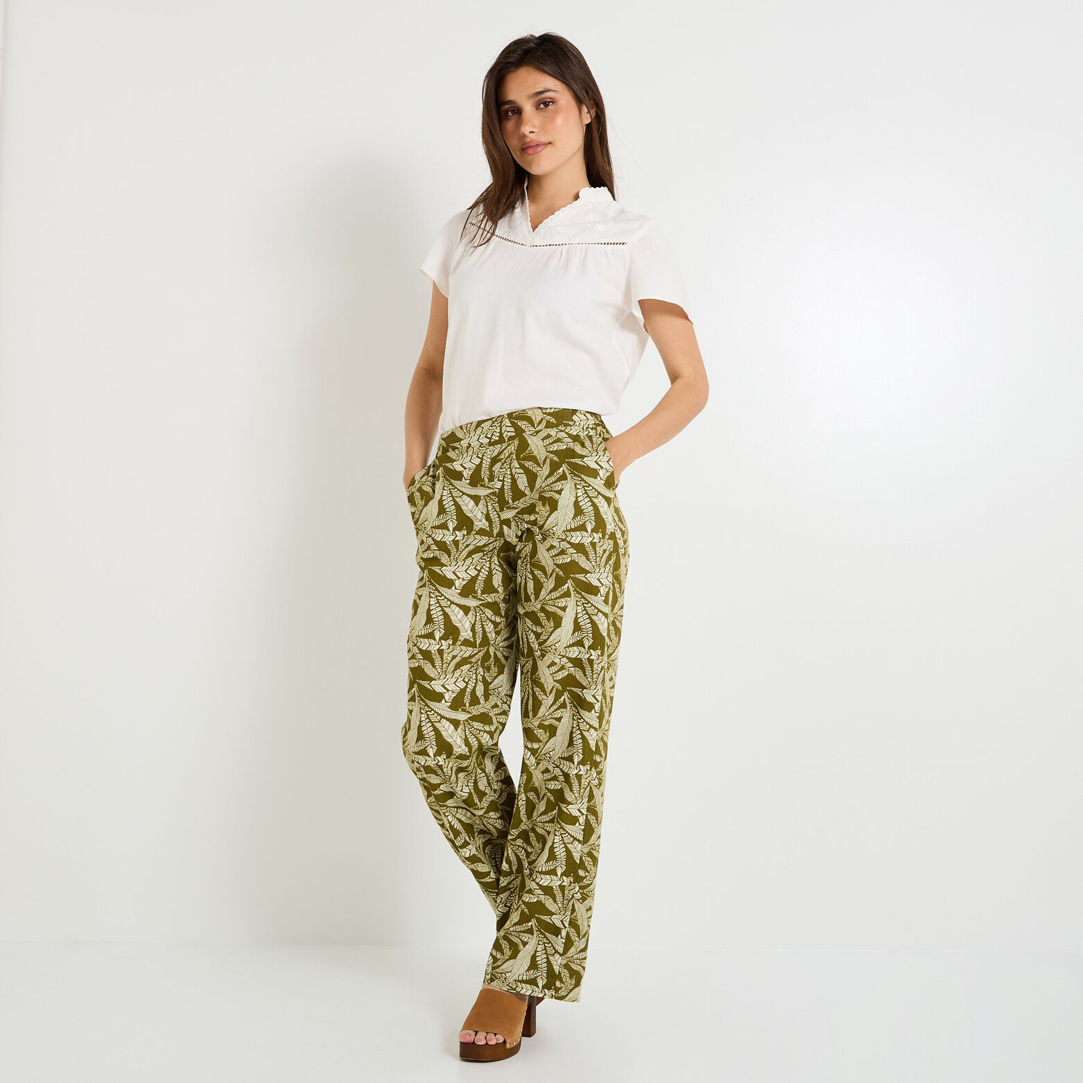 Pantalon imprimé mélange lin femme