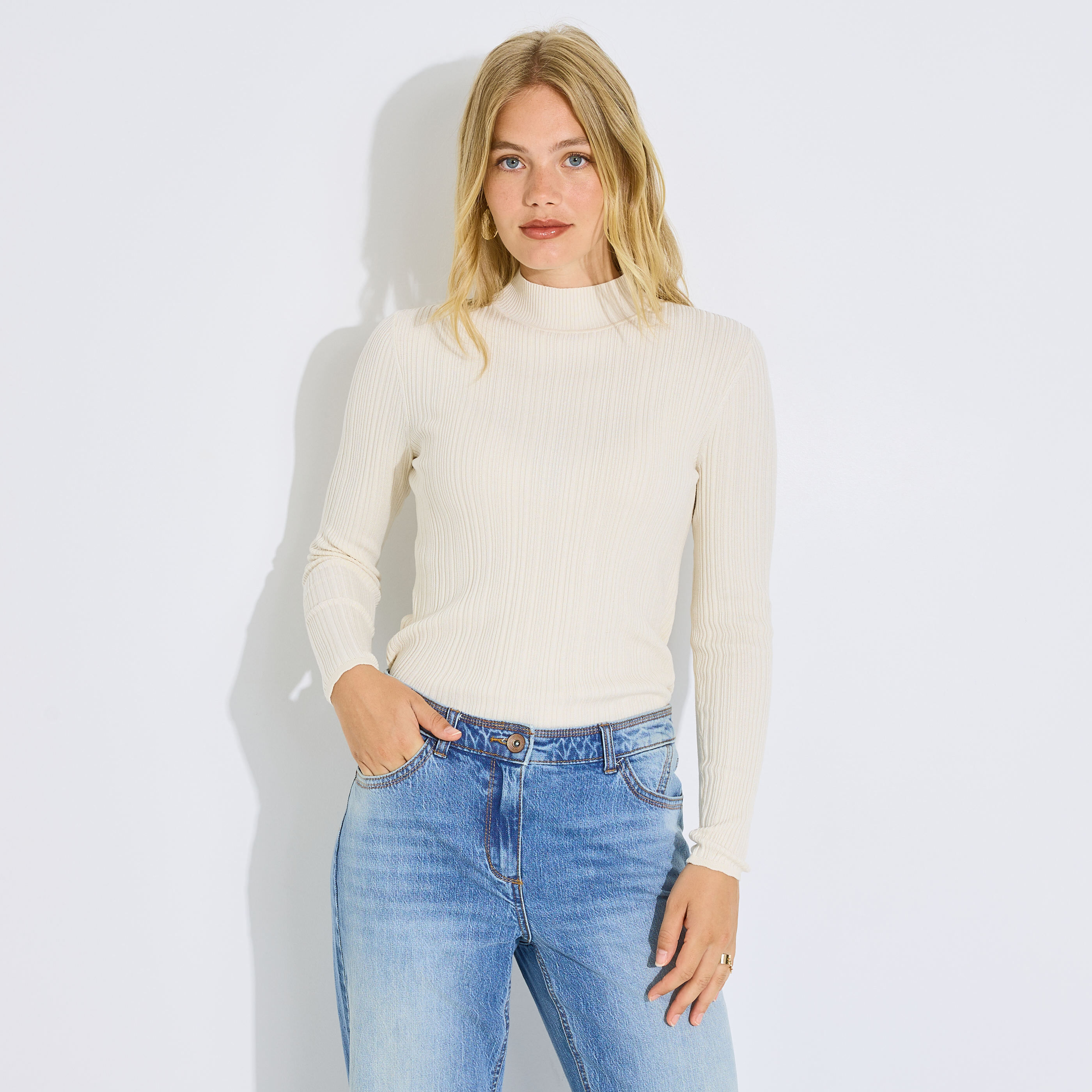Pull col montant maille c&ocirc;tel&eacute;e femme