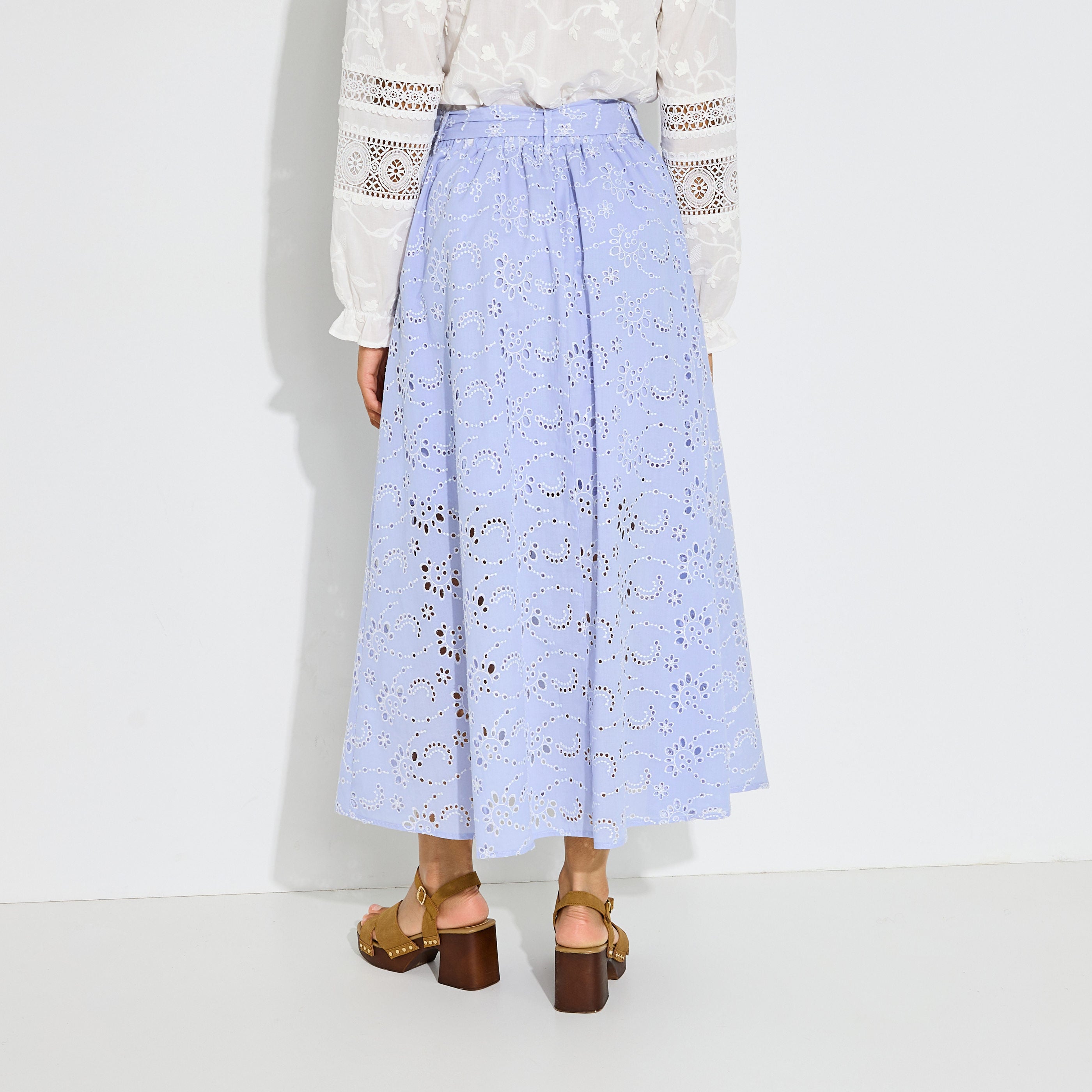 Jupe longue broderie anglaise &agrave; poches