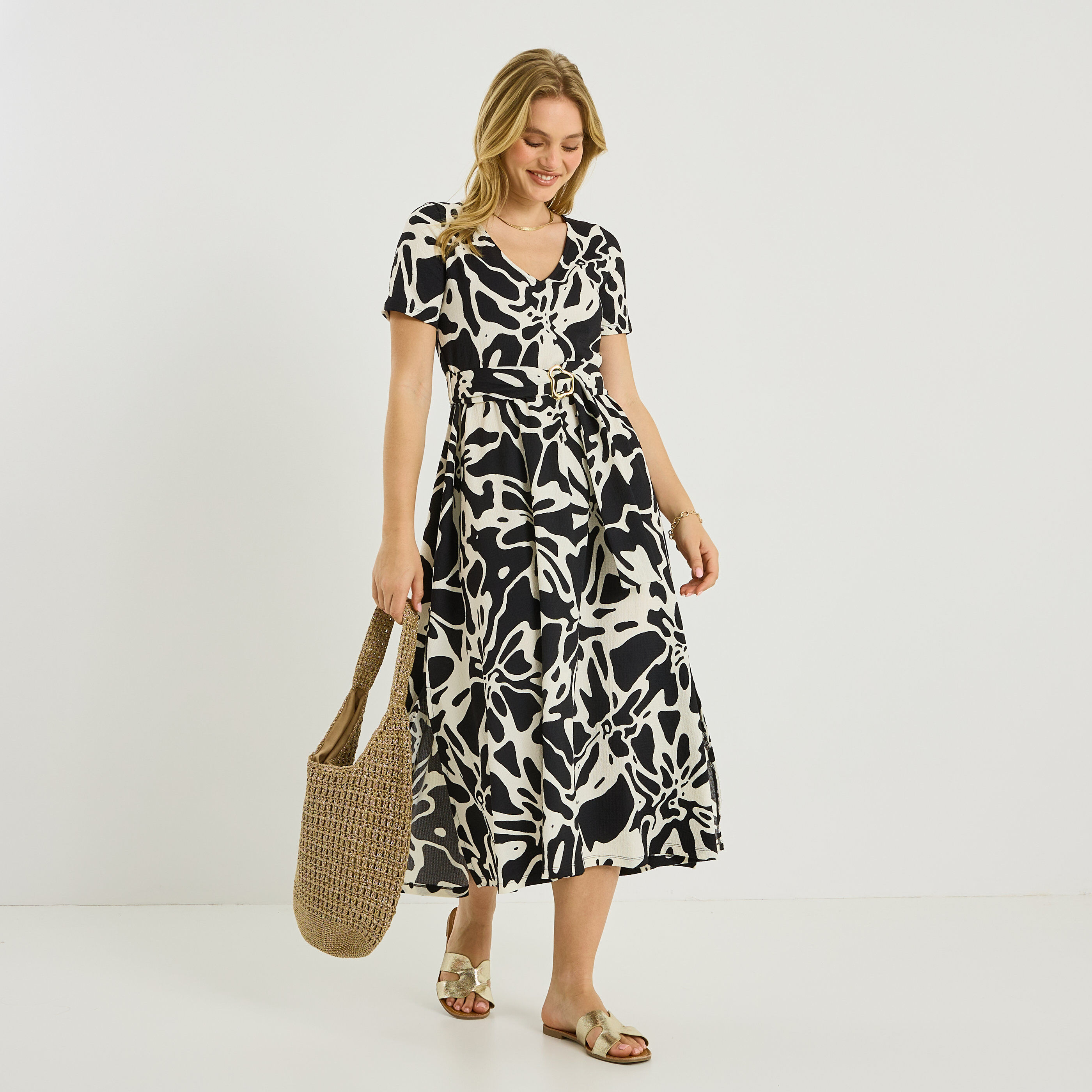 Robe longue &eacute;vas&eacute;e en maille imprim&eacute;e