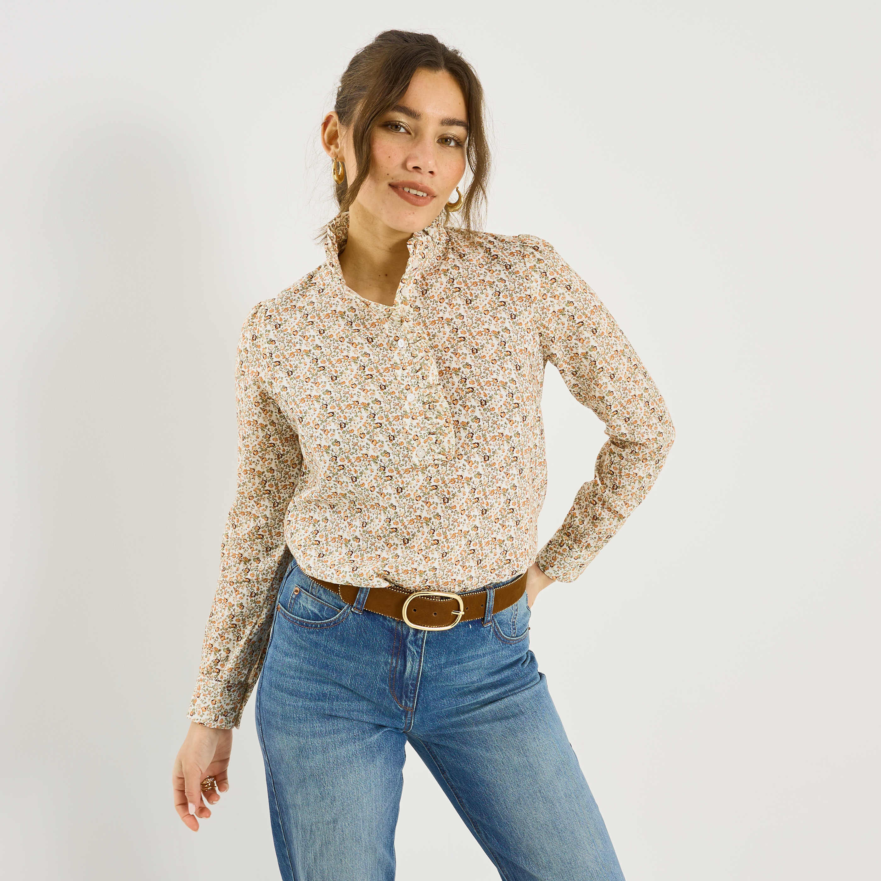 Blouse fleurie &agrave; col montant femme