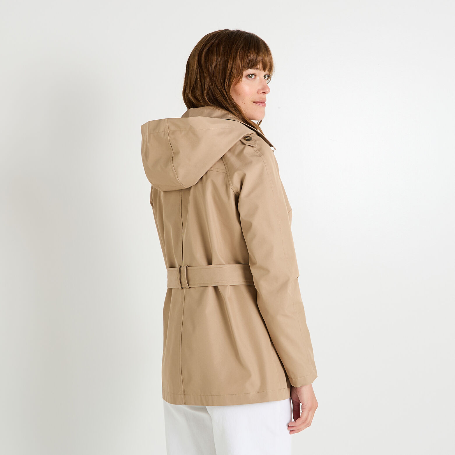 Trench mi-long à capuche femme