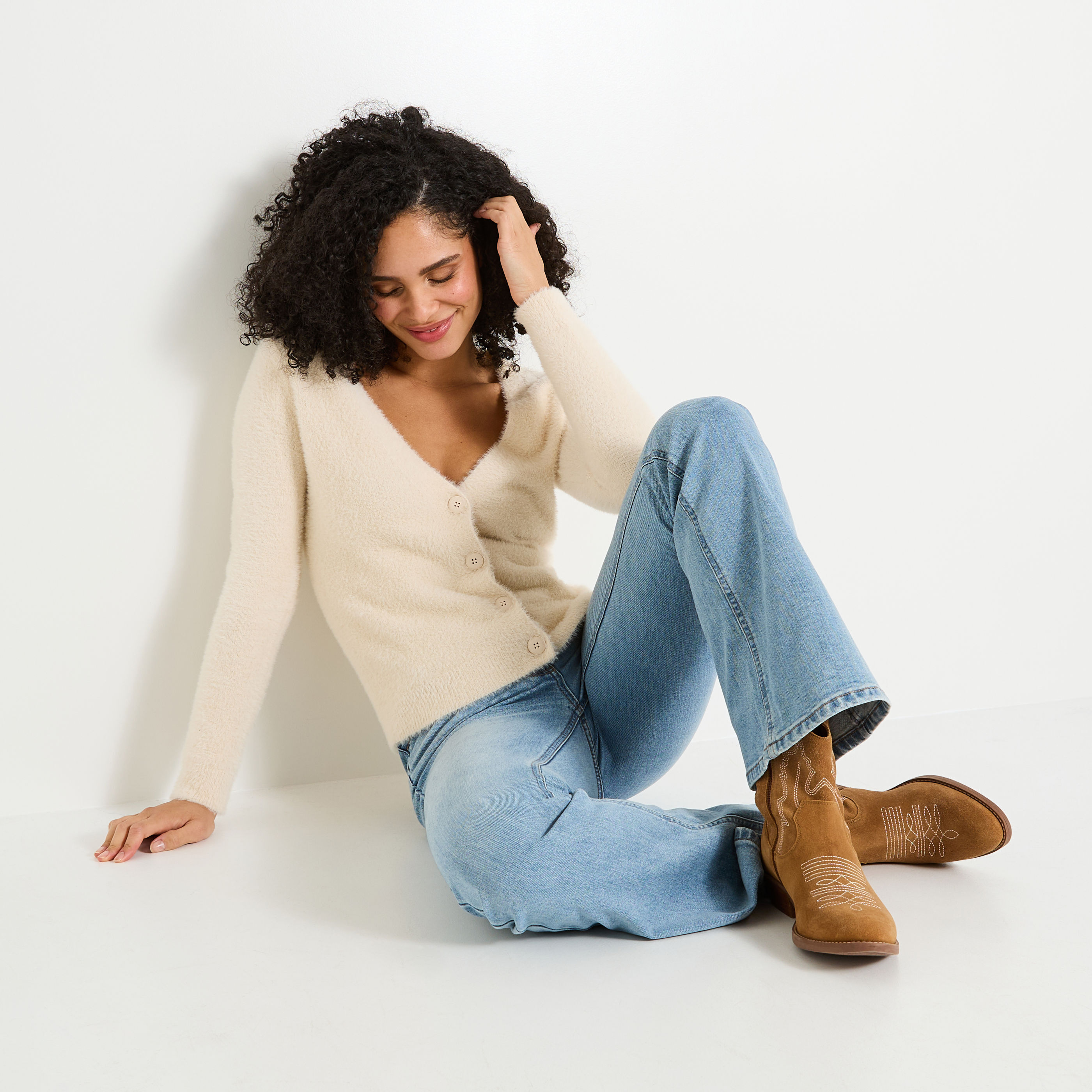 Gilet fluffy col V femme