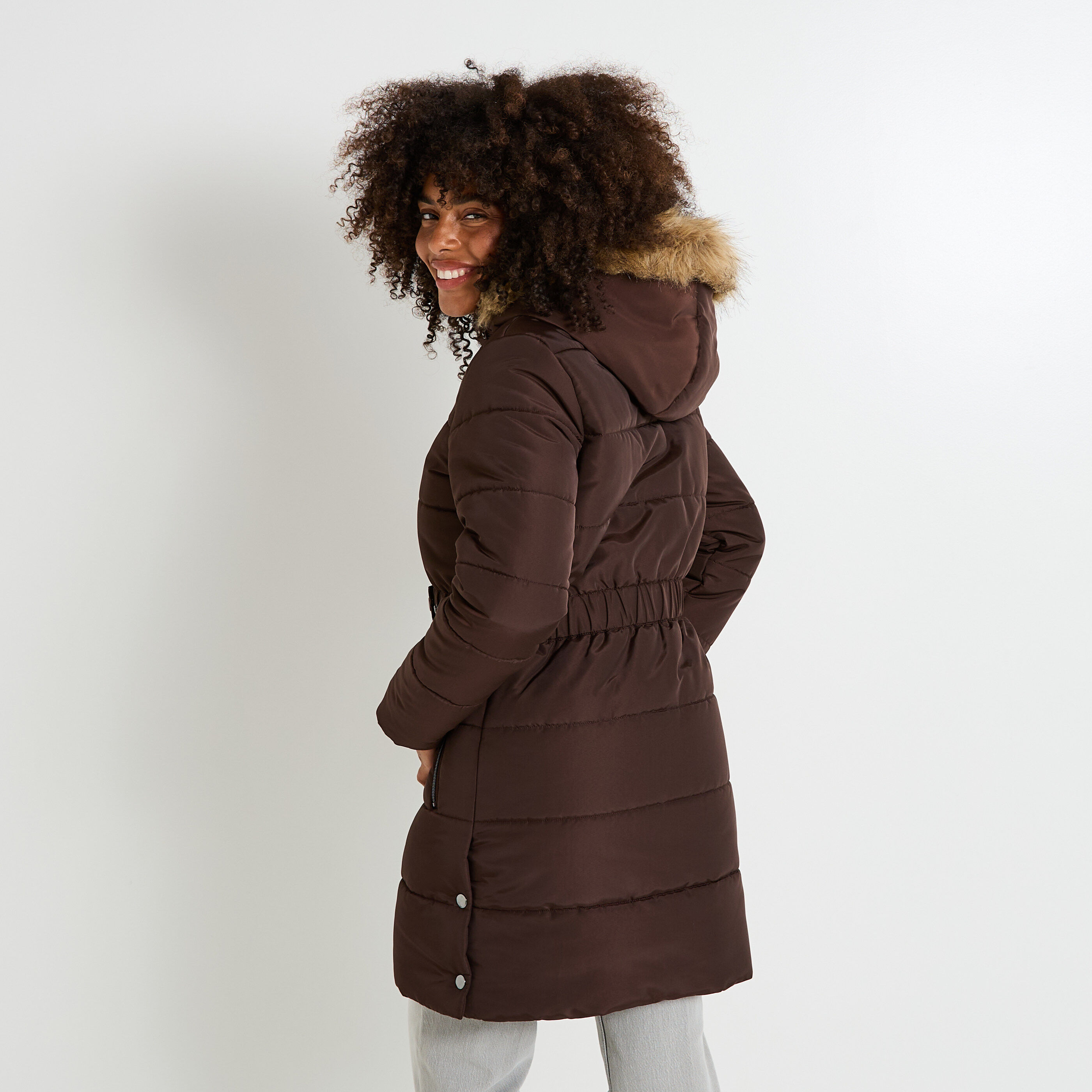 Doudoune longue &agrave; capuche amovible femme