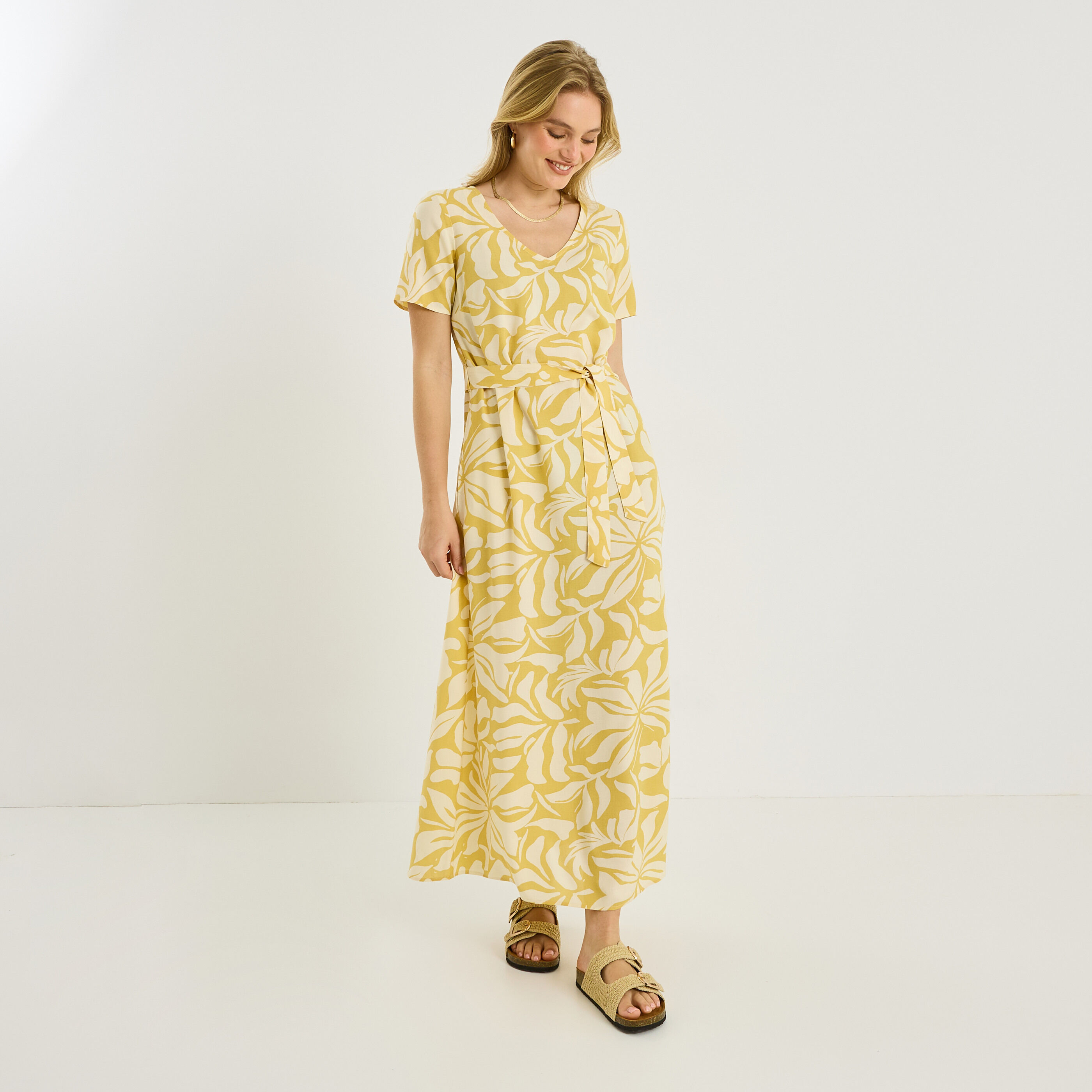 Robe longue imprim&eacute;e ceinture &agrave; nouer
