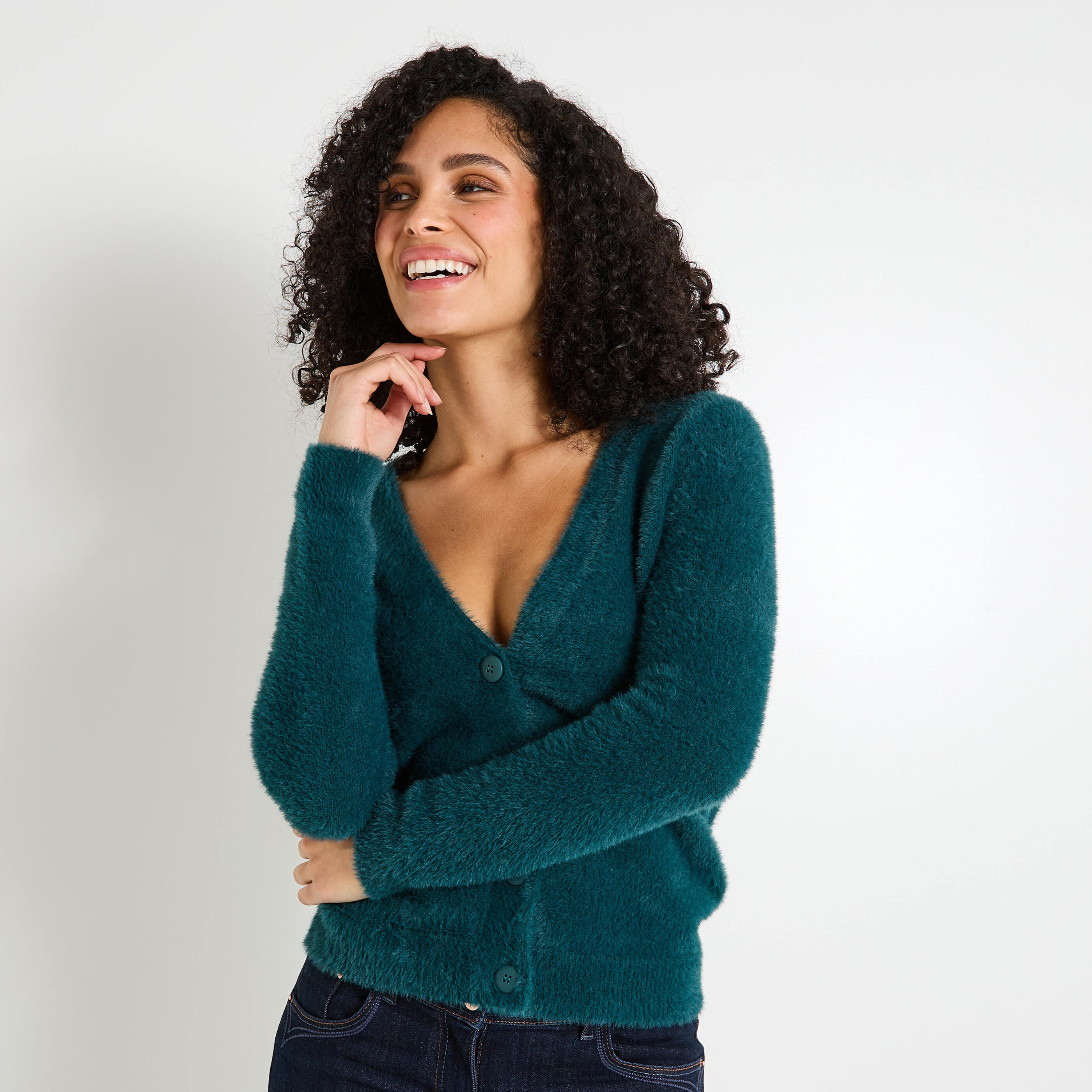 Gilet fluffy col V femme