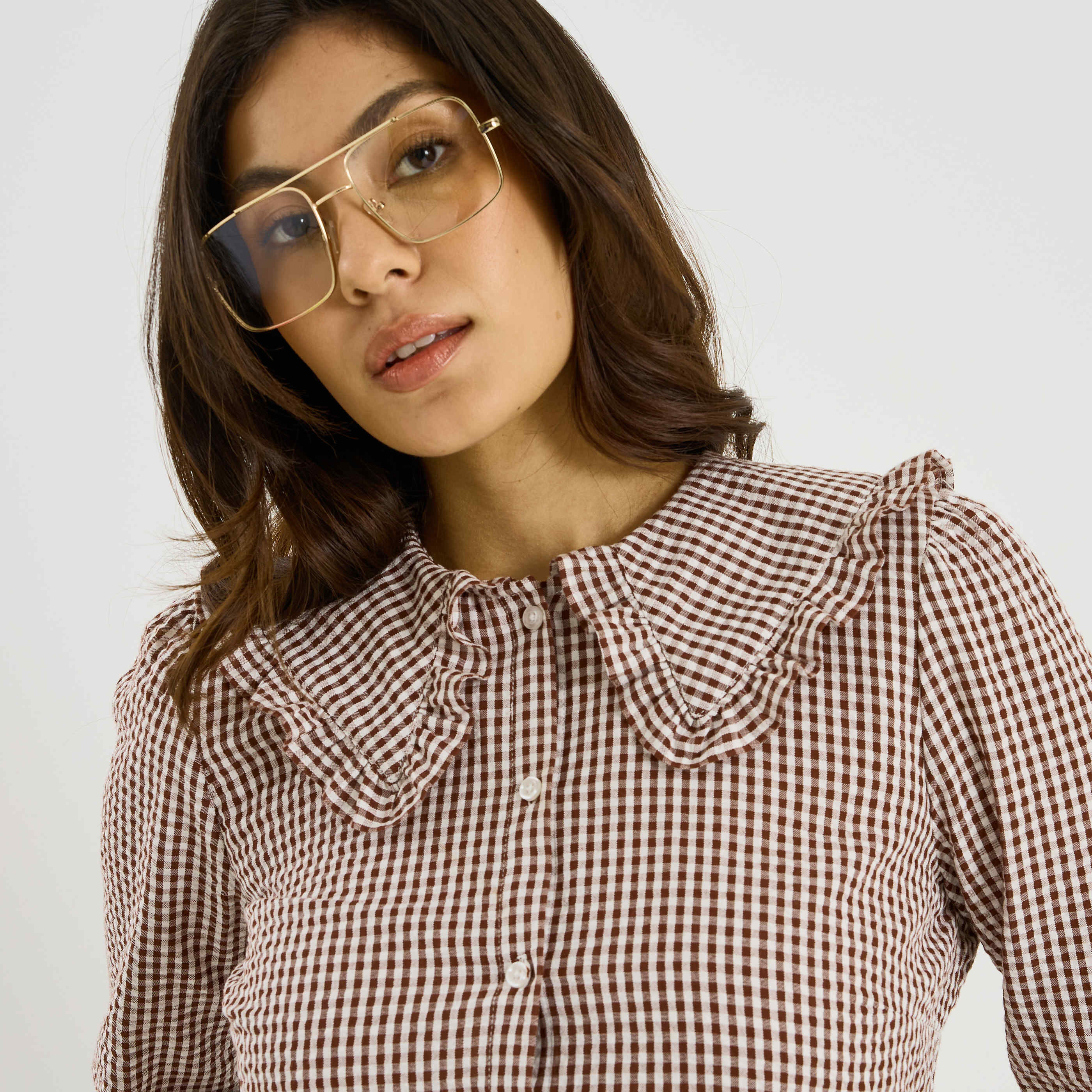 Chemise imprim&eacute; vichy &agrave; grand col femme 