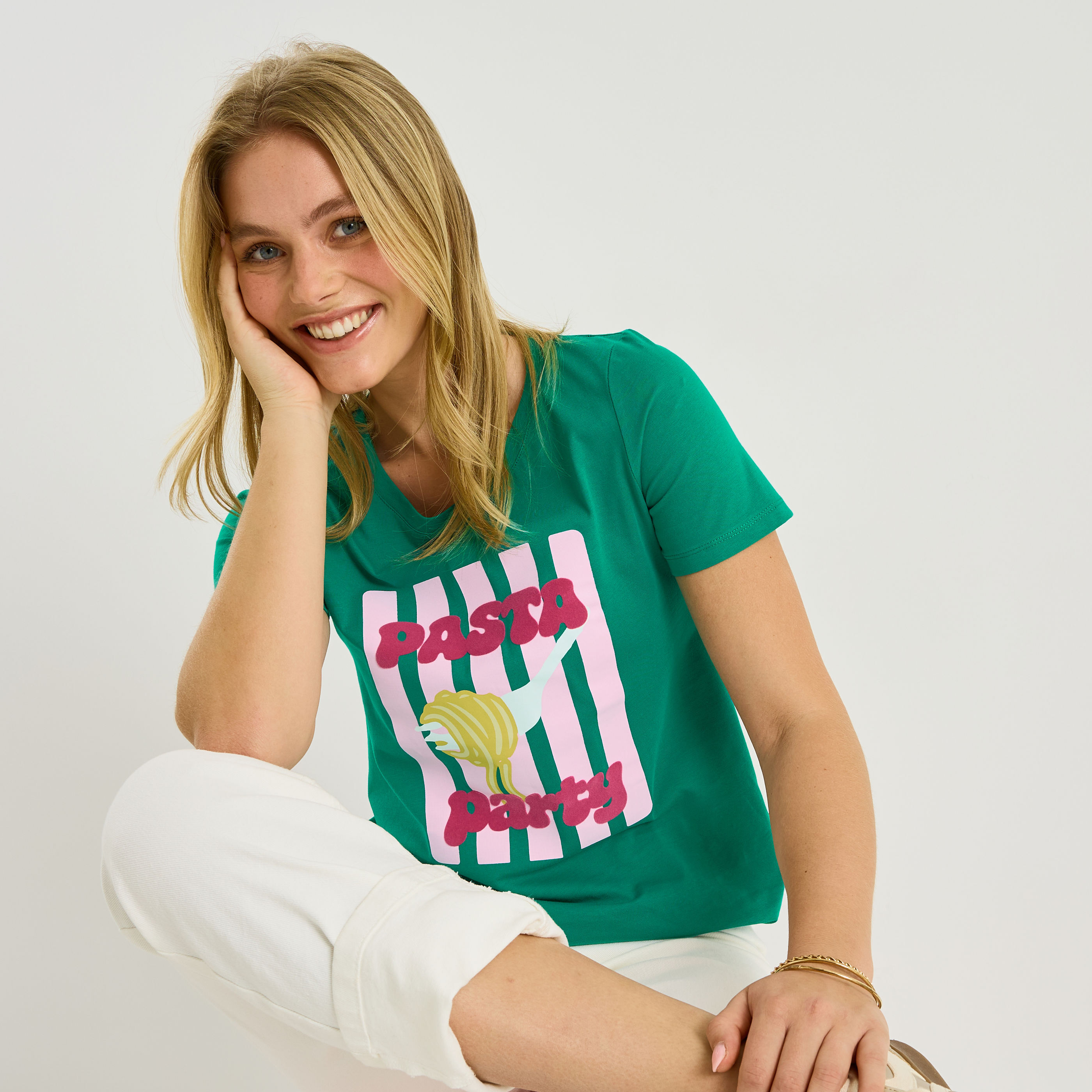 T-shirt col rond imprim&eacute; pasta femme