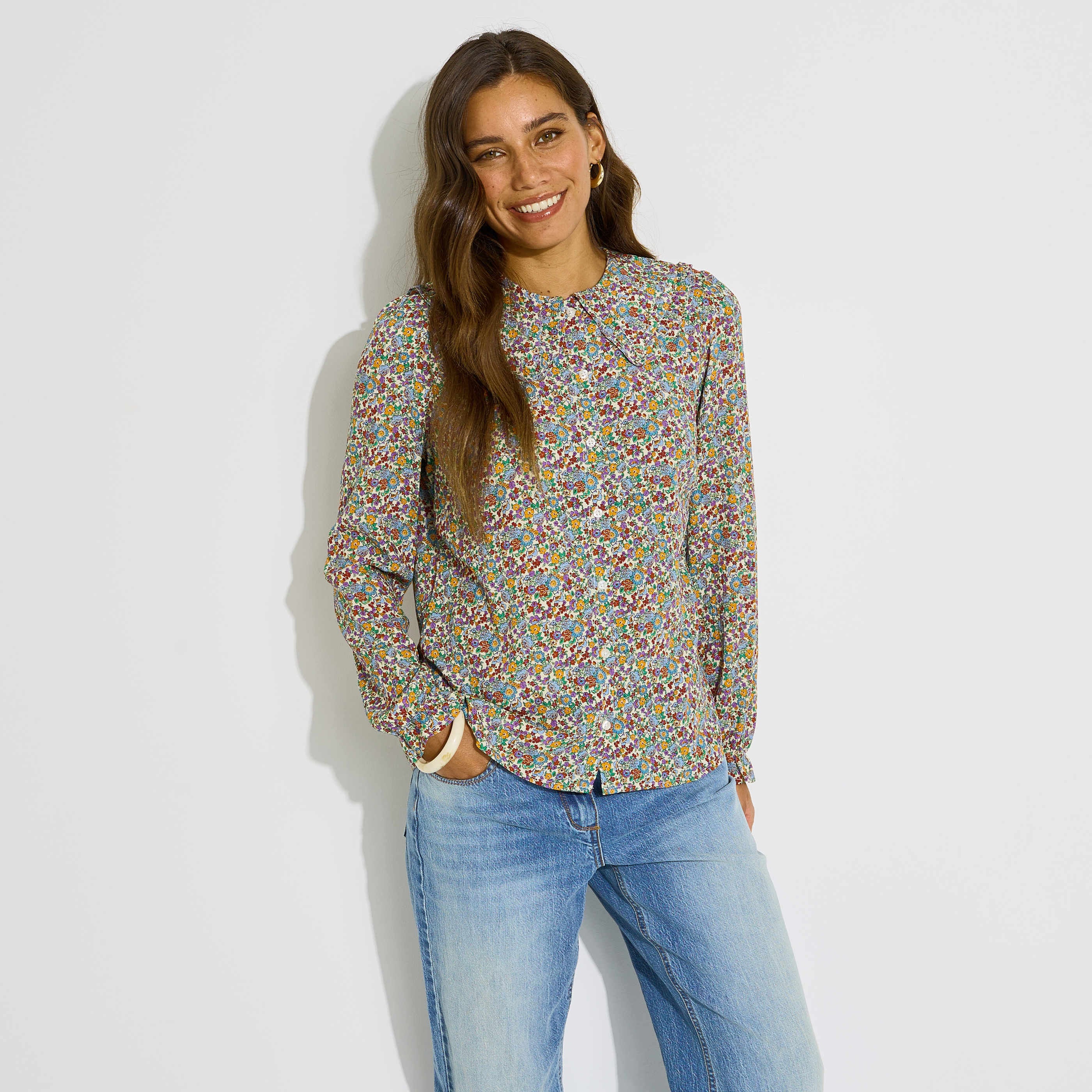 Chemise imprim&eacute;e col claudine femme