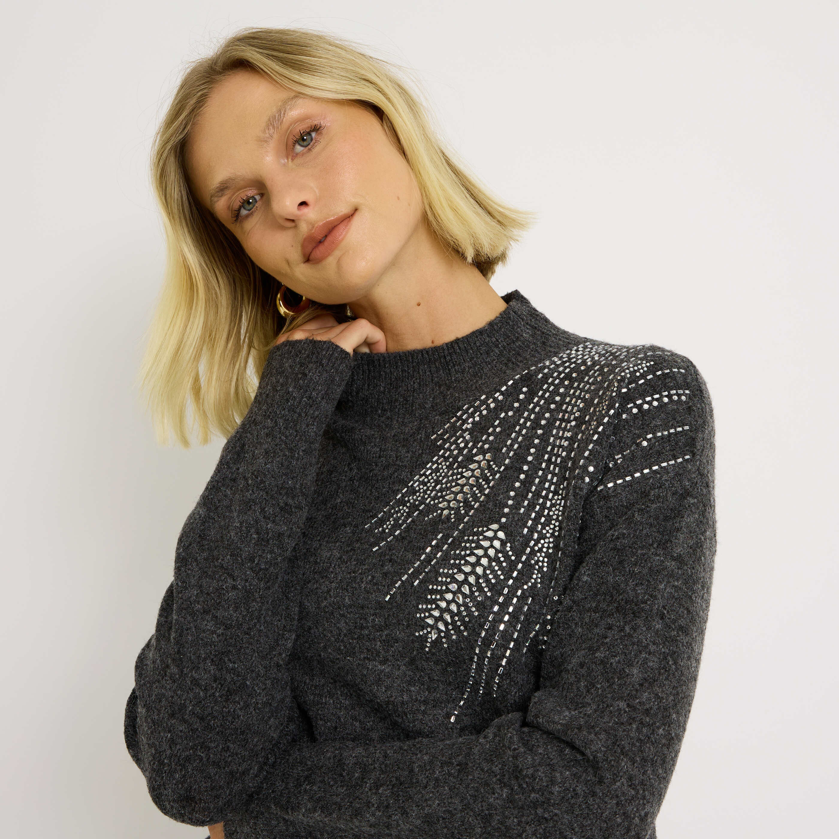 Pull col rond avec strass femme