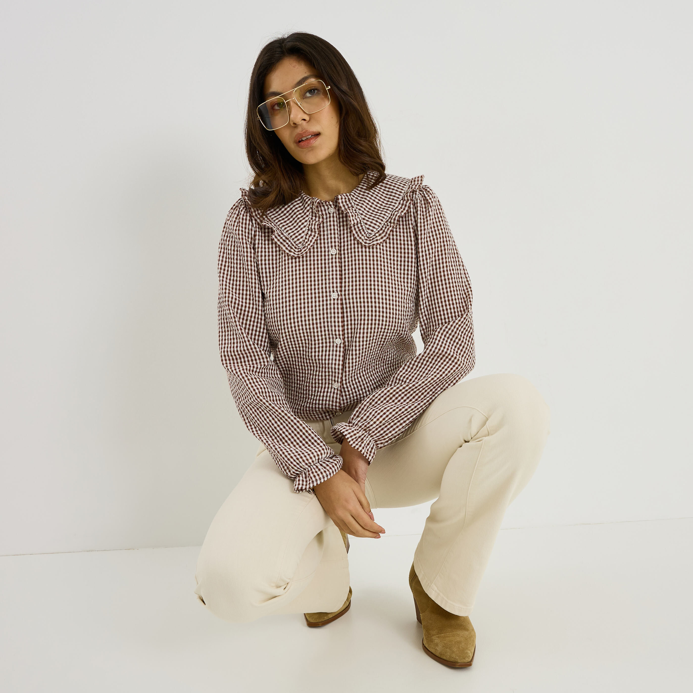 Chemise imprim&eacute; vichy &agrave; grand col femme 