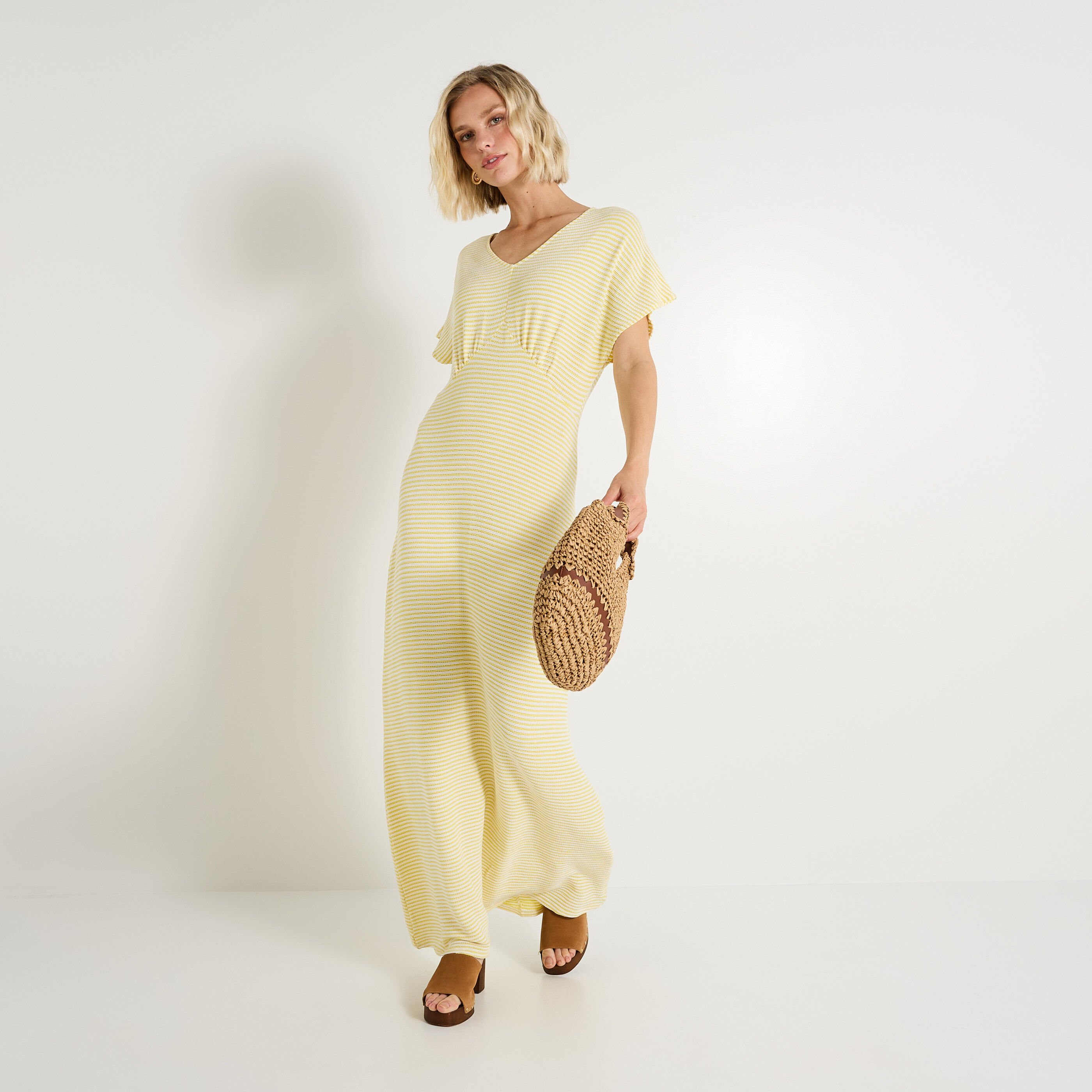 Robe longue en maille ray&eacute;e