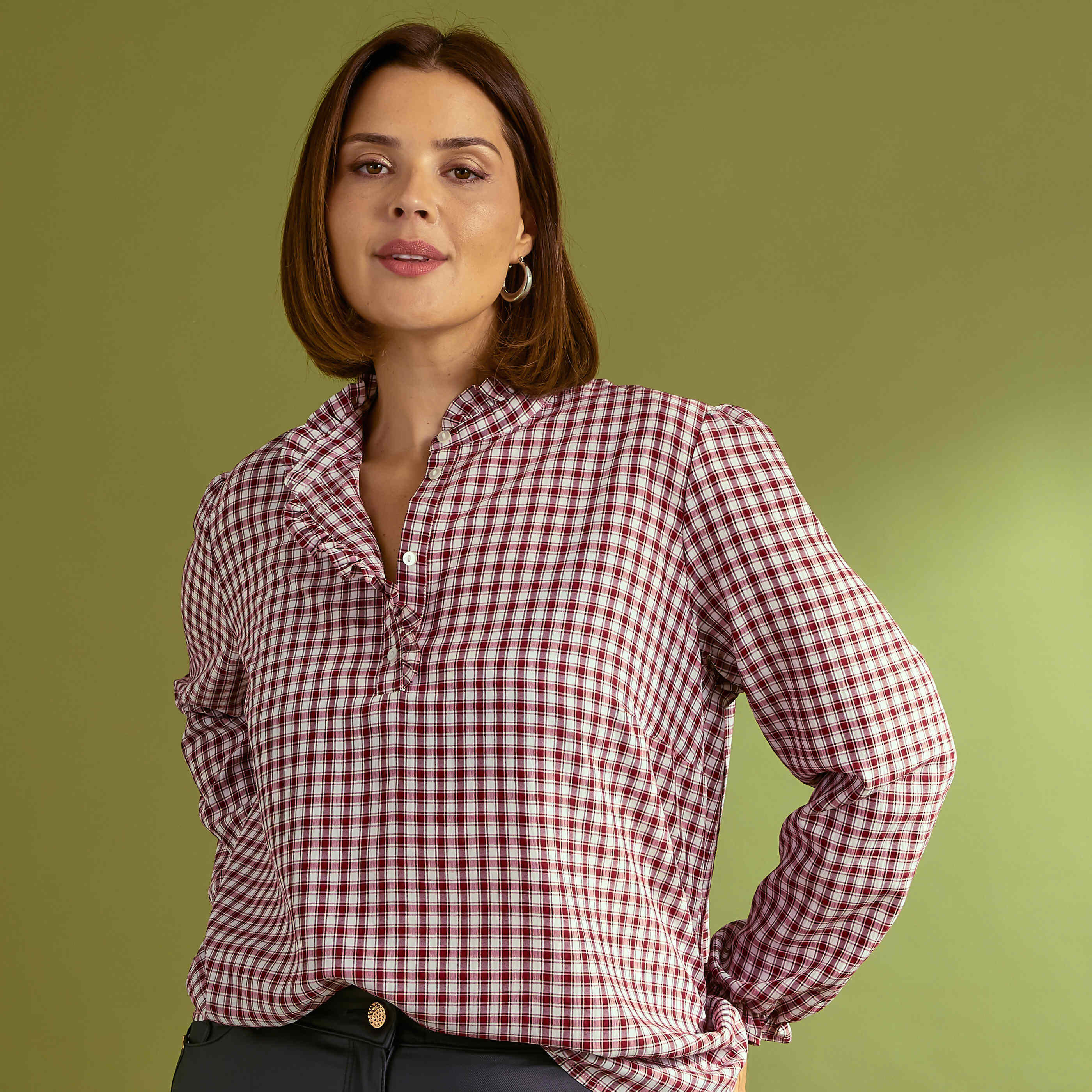 Blouse vichy &agrave; col montant femme