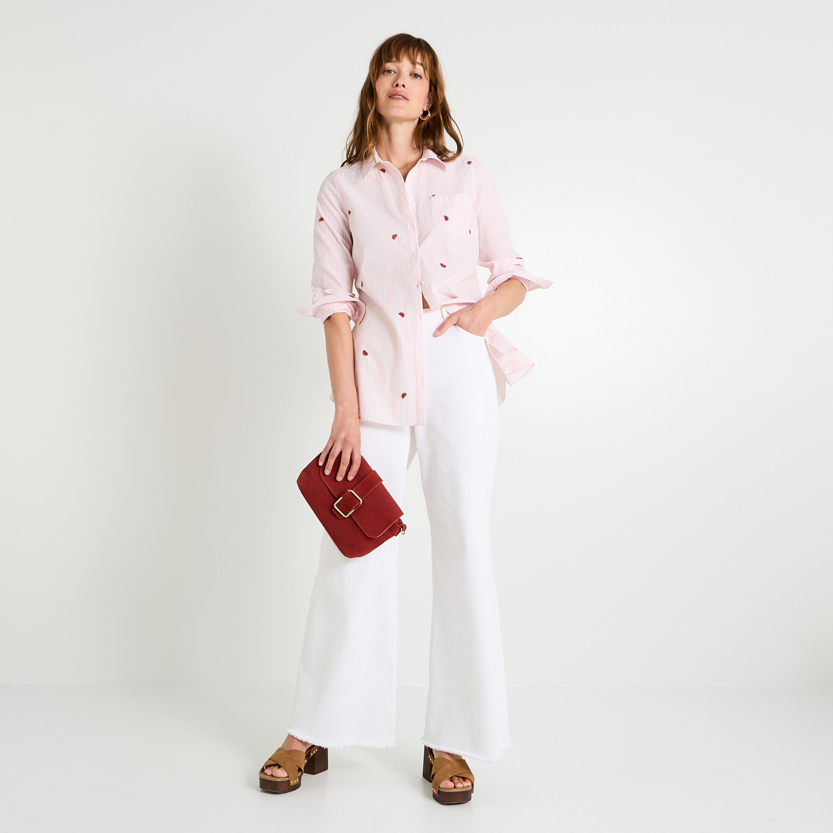 Chemise ray&eacute;e brod&eacute;e femme