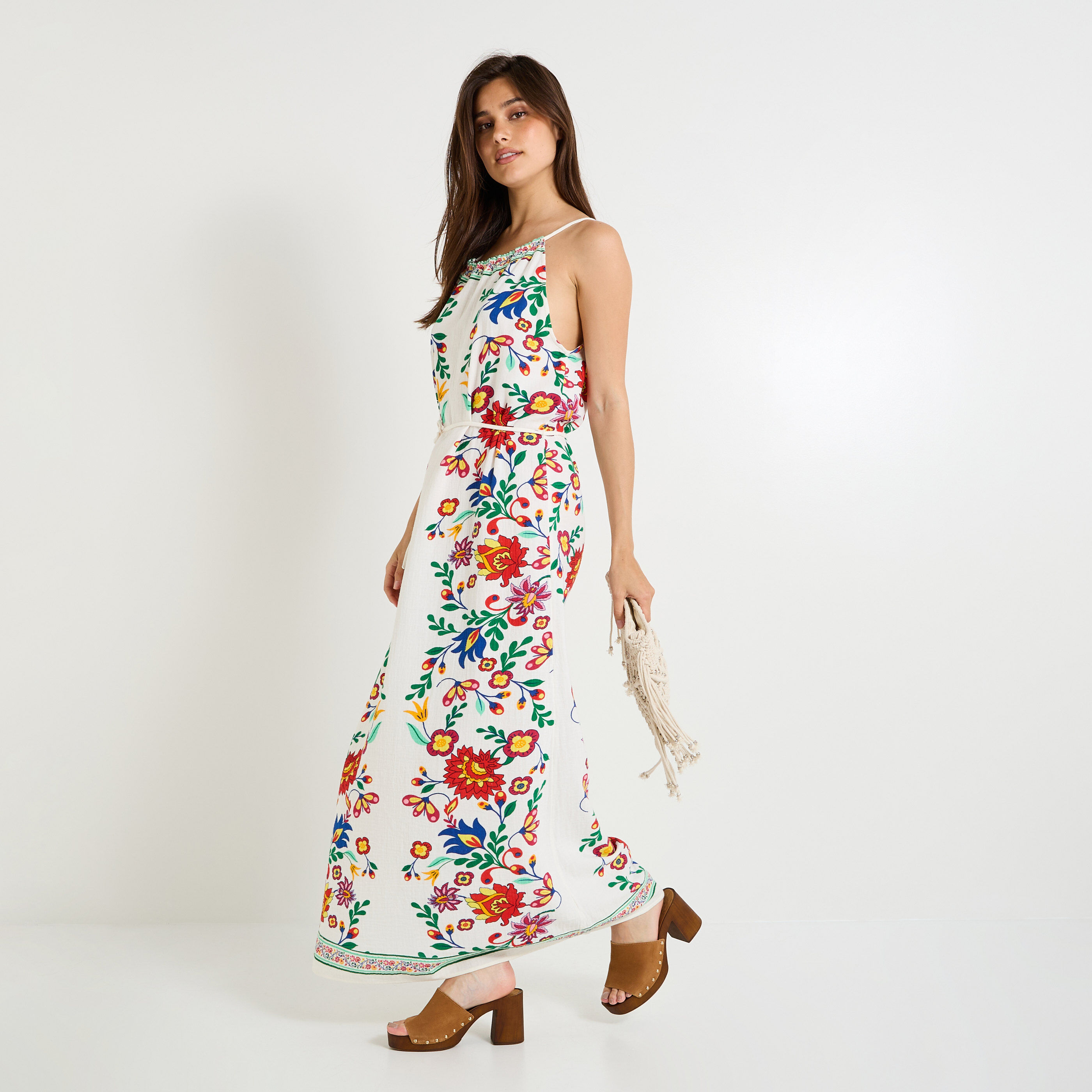 Robe longue imprim&eacute;e &agrave; bretelles